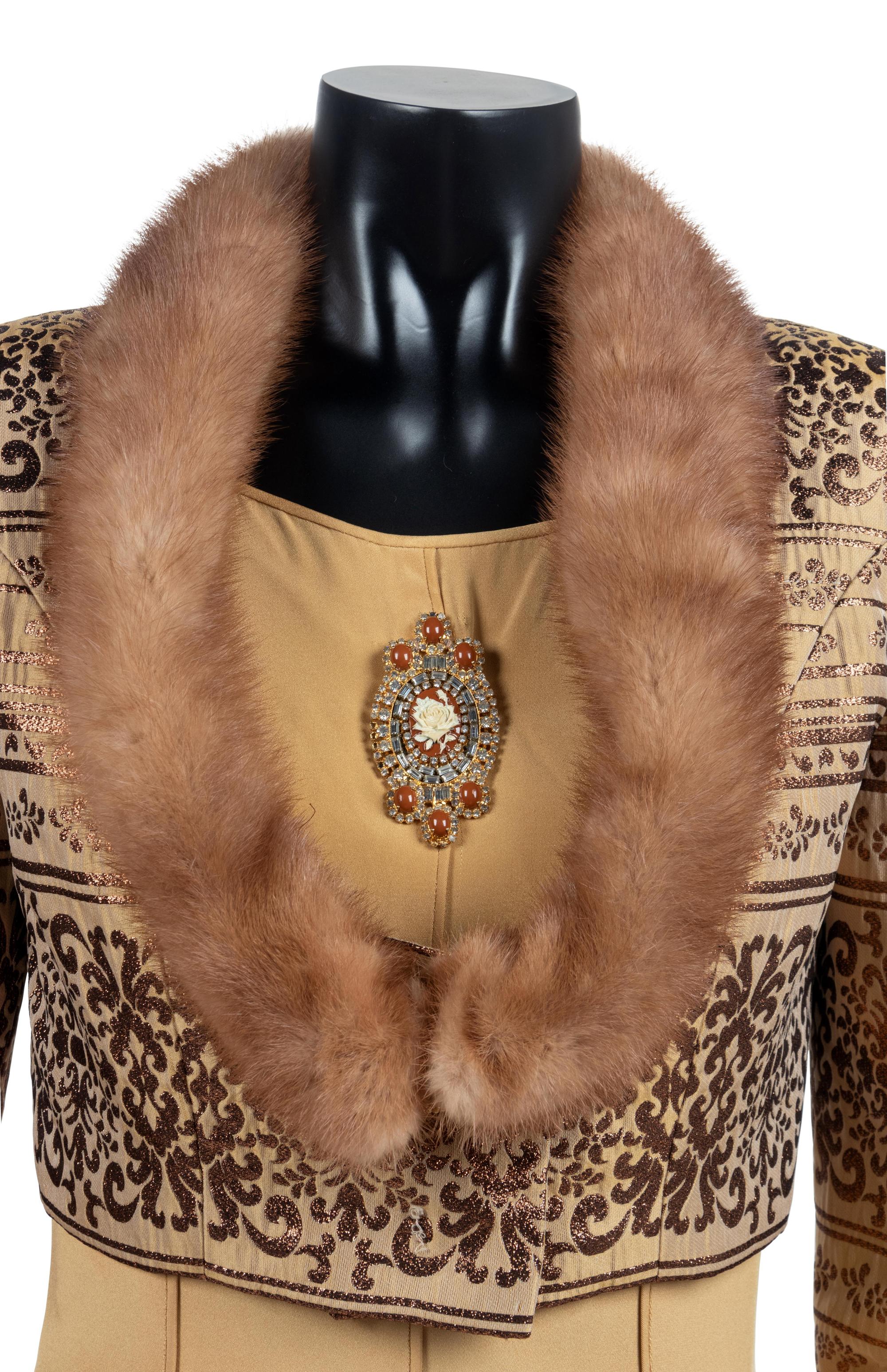 Sarli Evening ensemble, with fur trimmed crop jacket, pants, and yellow dress.