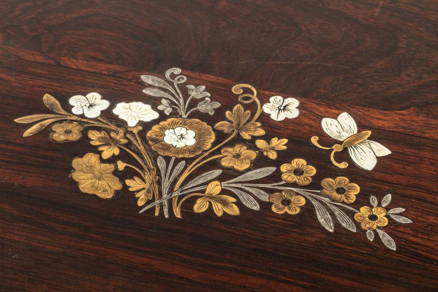 A Victorian Pewter, Rosewood and Mother-of-Pearl Inlaid Rosewood Writing Box