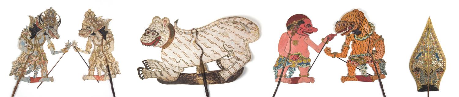 A Collection of Six Indonesian Wayang Kulit Shadow Puppets Height of tallest 35 inches. — 20TH CENTURY