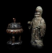 A Chinese Silver Figure of Shoulao and A Chinese Bronze Incense Burner