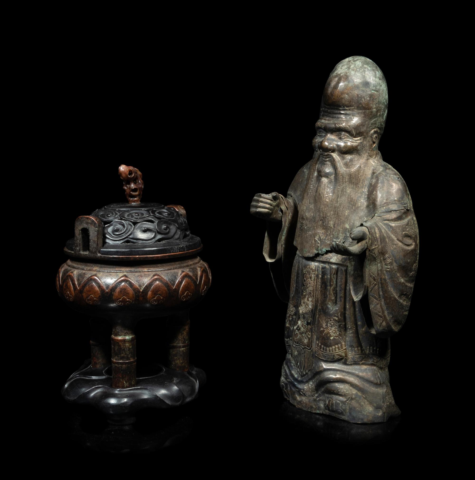 A Chinese Silver Figure of Shoulao and A Chinese Bronze Incense Burner
