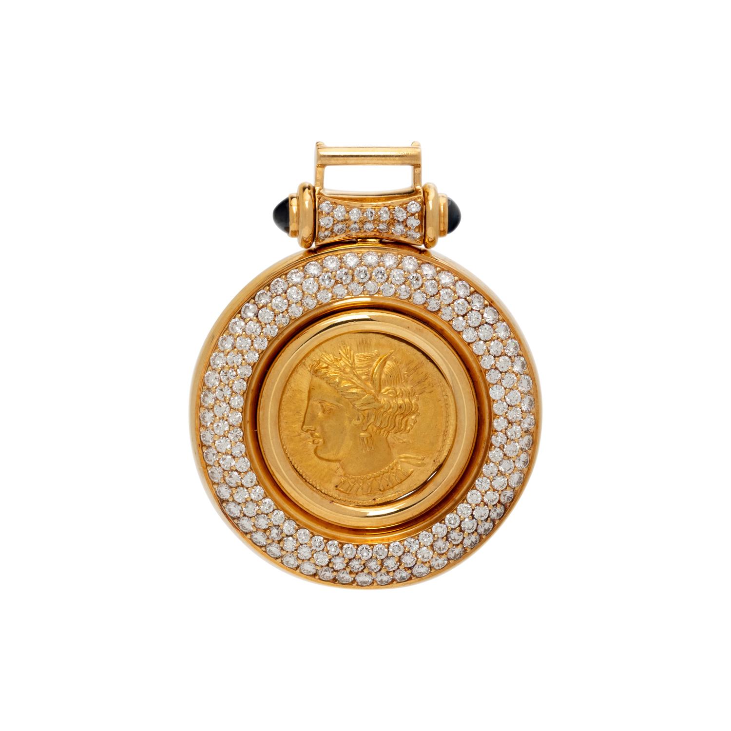GOLD COIN, DIAMOND, AND SAPPHIRE PENDANT