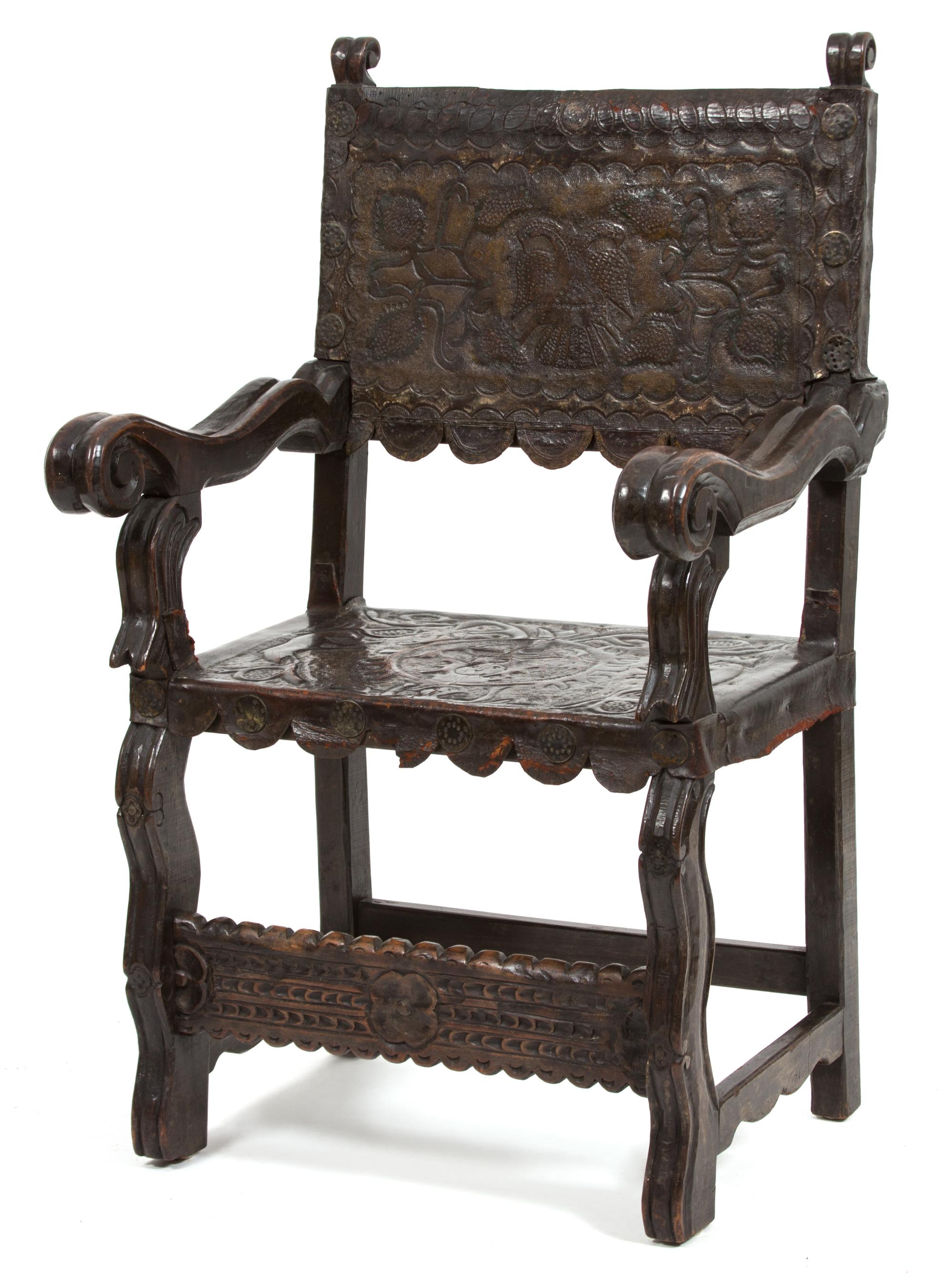An Italian Baroque Carved Walnut & Leather Armchair Height 40 1/2 x width 24 x depth 20 inches. — 17TH/18TH CENTURY