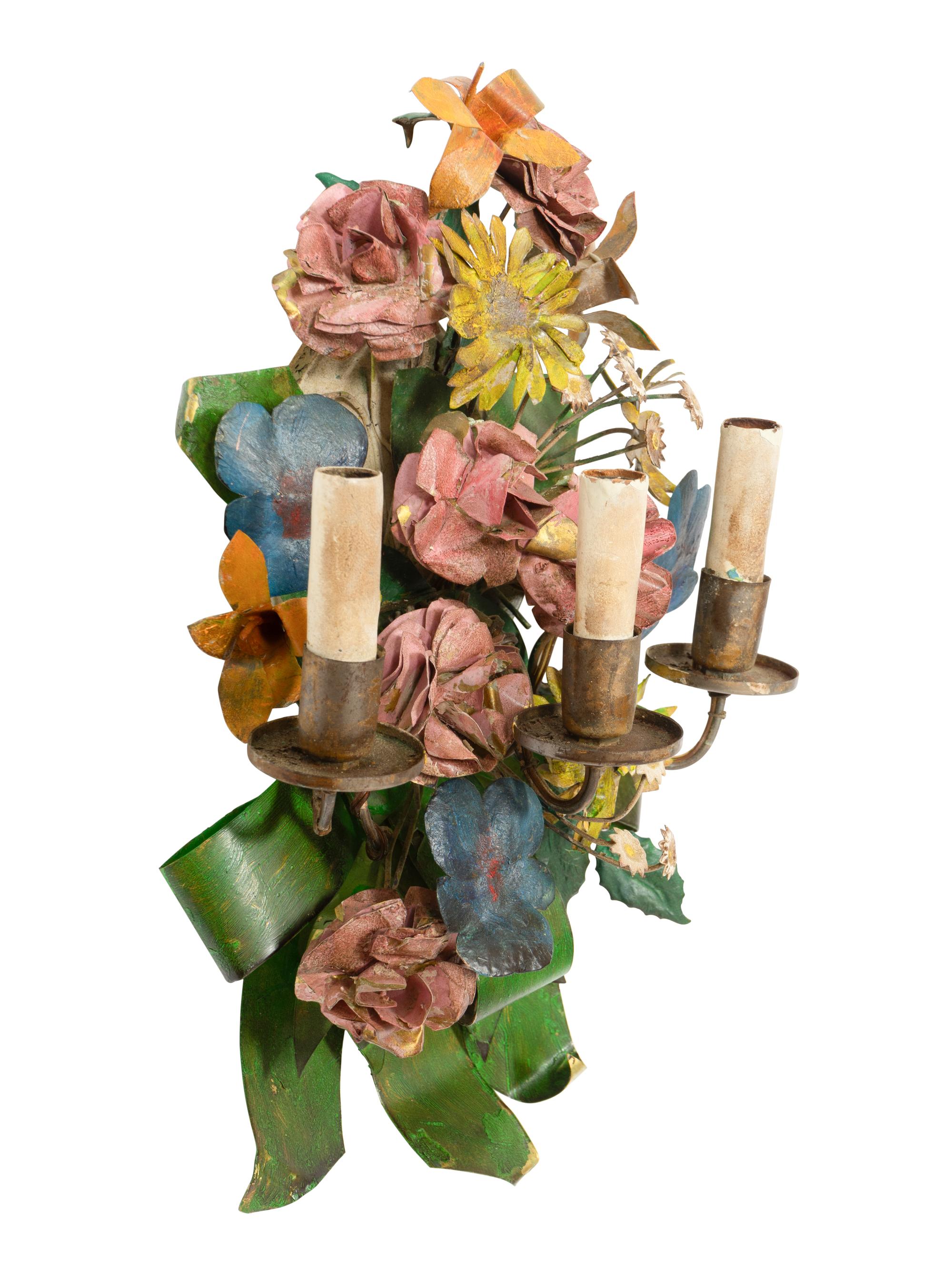 A Pair of Tole Peinte Three-Light Wall Lights