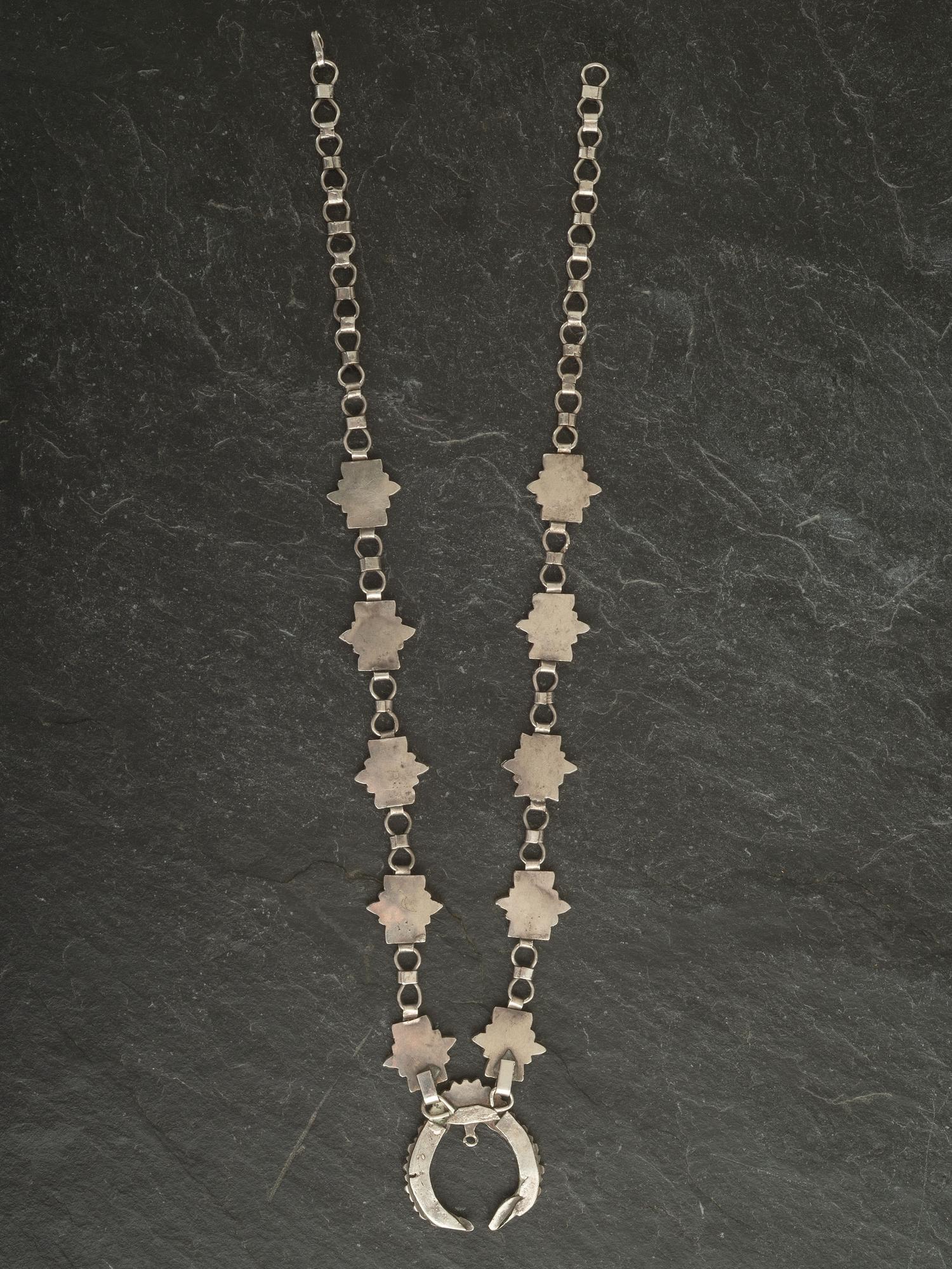 Dainty Silver Link and Channel Inlay Turquoise Squash Blossom Necklace