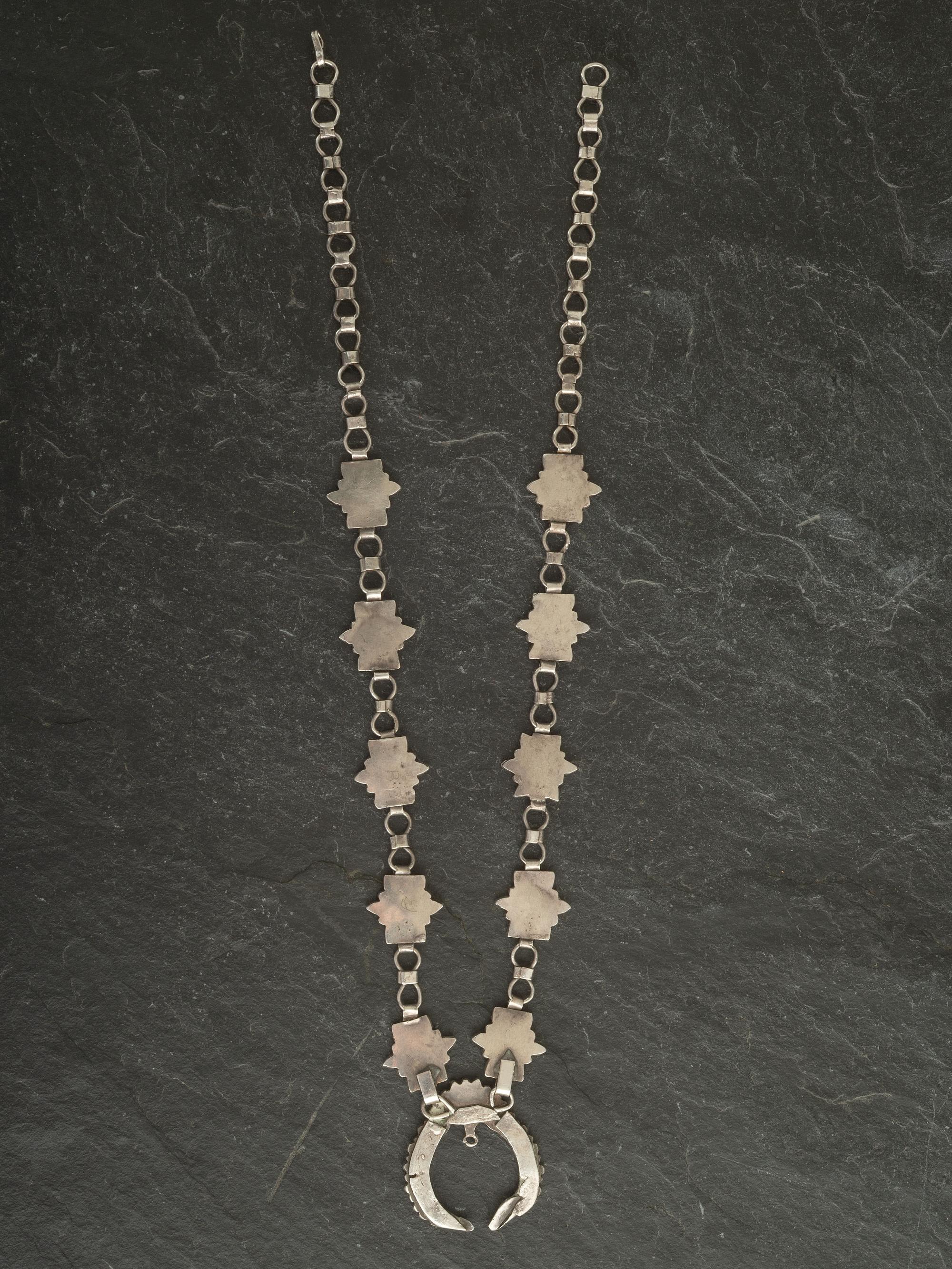 Dainty Silver Link and Channel Inlay Turquoise Squash Blossom Necklace