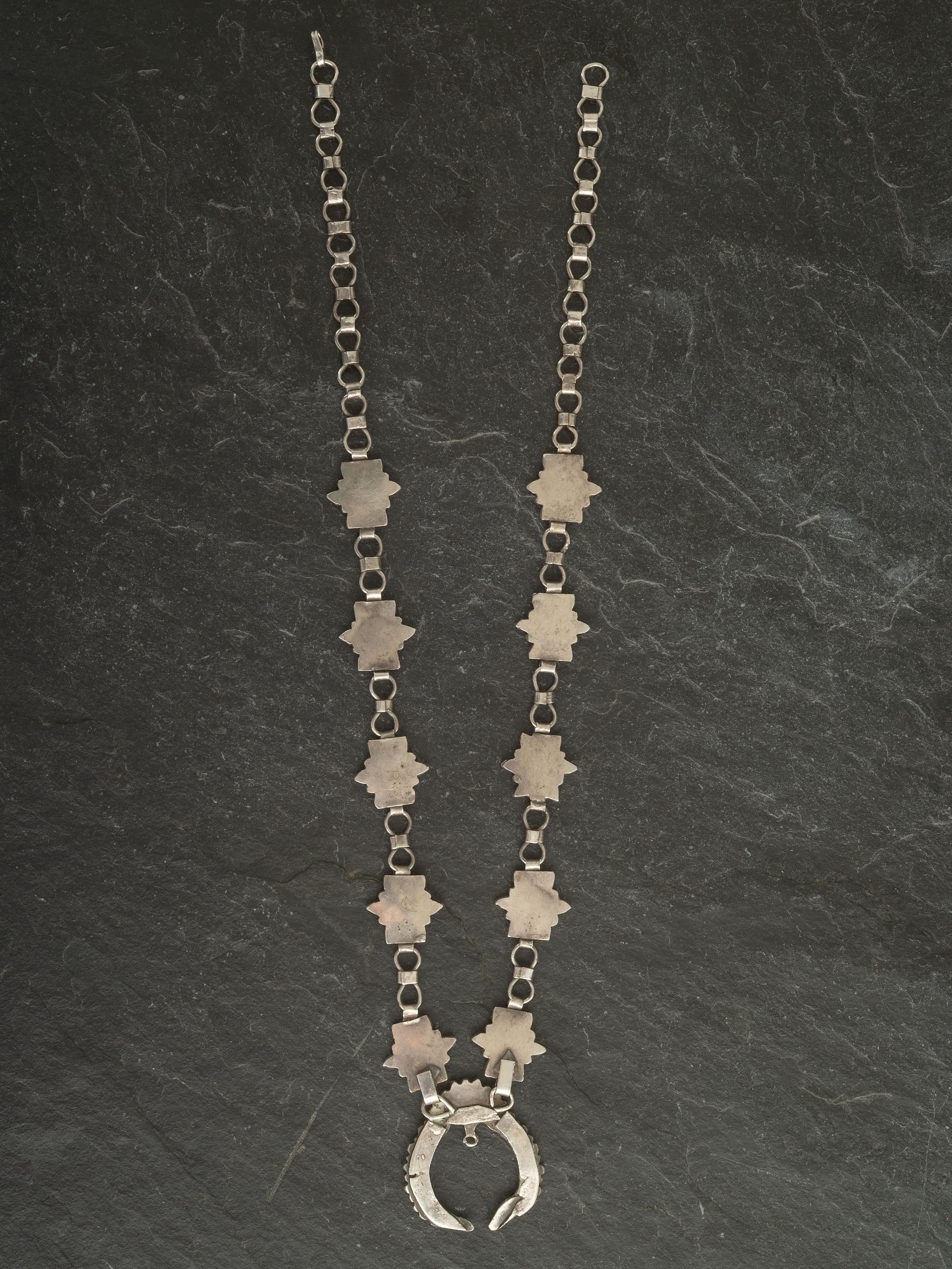 Dainty Silver Link and Channel Inlay Turquoise Squash Blossom Necklace
