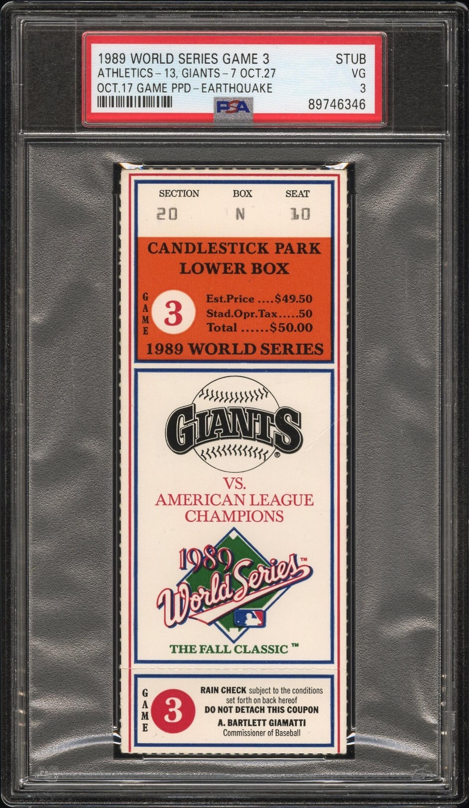 An October 27, 1989 Oakland Athletics vs. San Francisco Giants World Series Game 3 Ticket Stub - Game Postponed Due To Earthquake (PSA 3 VG)