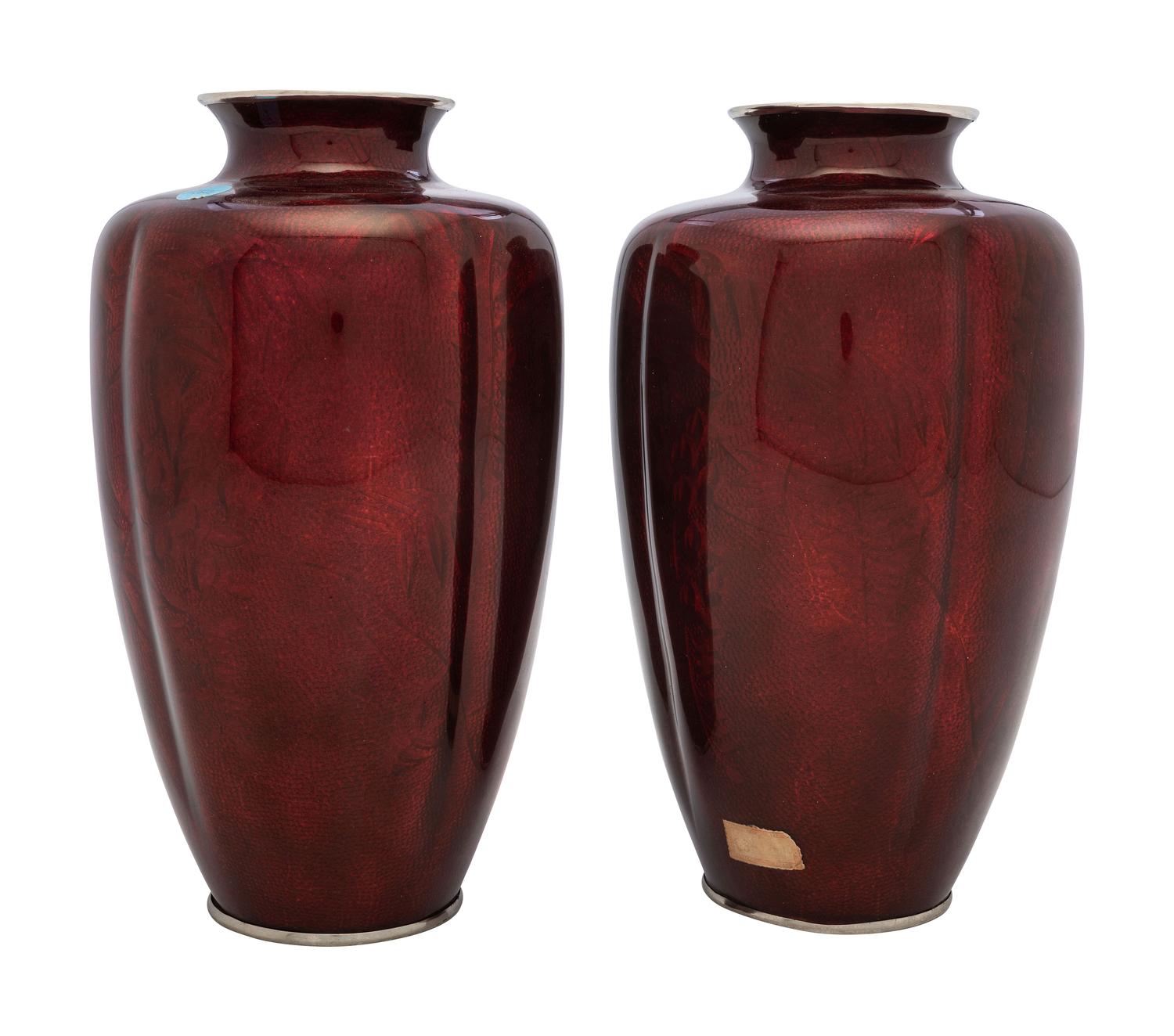 A Pair of Pigeon Blood Cloisonné Vases