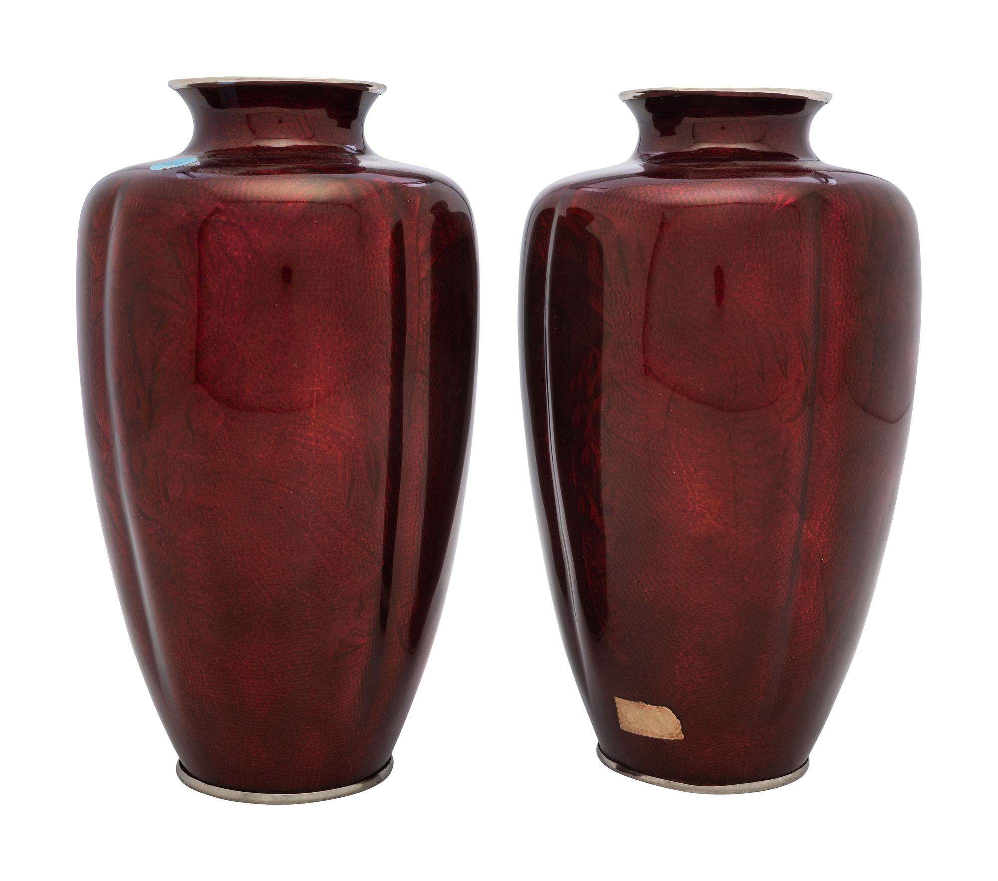 A Pair of Pigeon Blood Cloisonné Vases