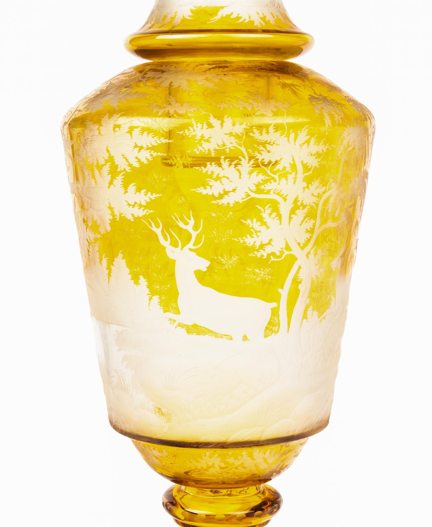 A Large Czech Amber Cut-to-Clear Glass Vase and Stand