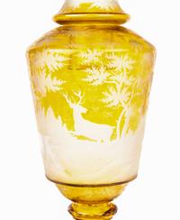 A Large Czech Amber Cut-to-Clear Glass Vase and Stand
