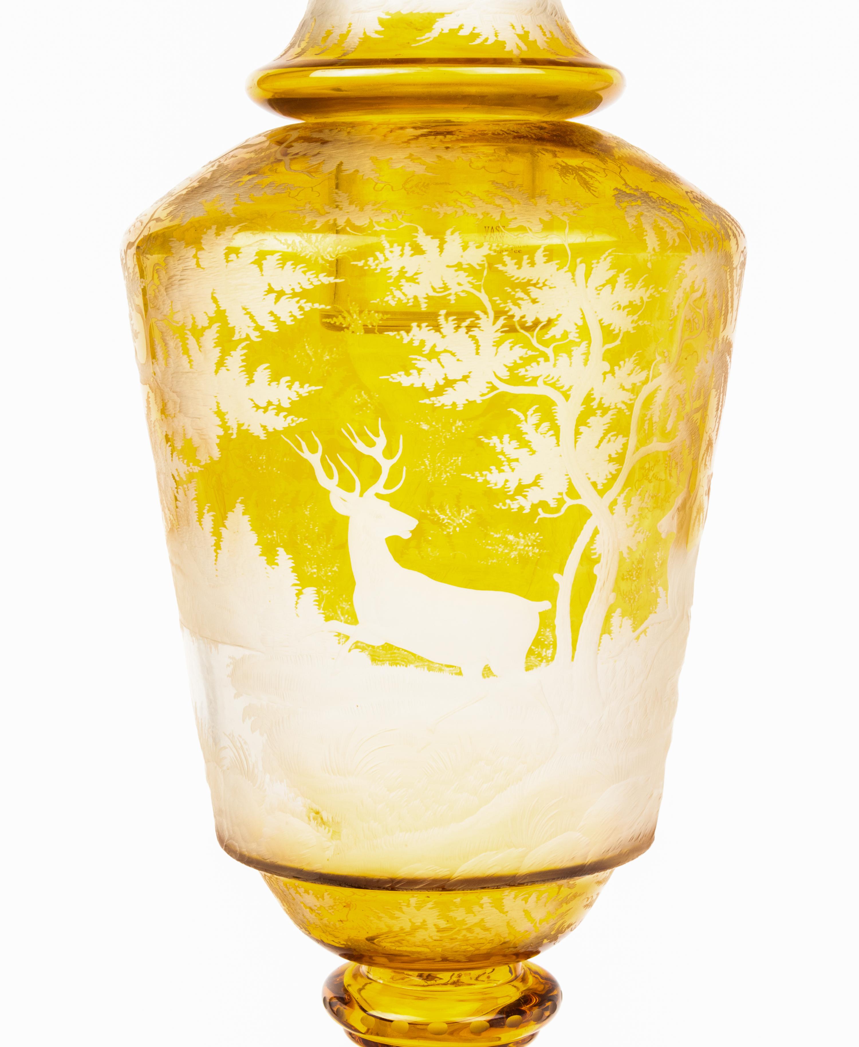 A Large Czech Amber Cut-to-Clear Glass Vase and Stand