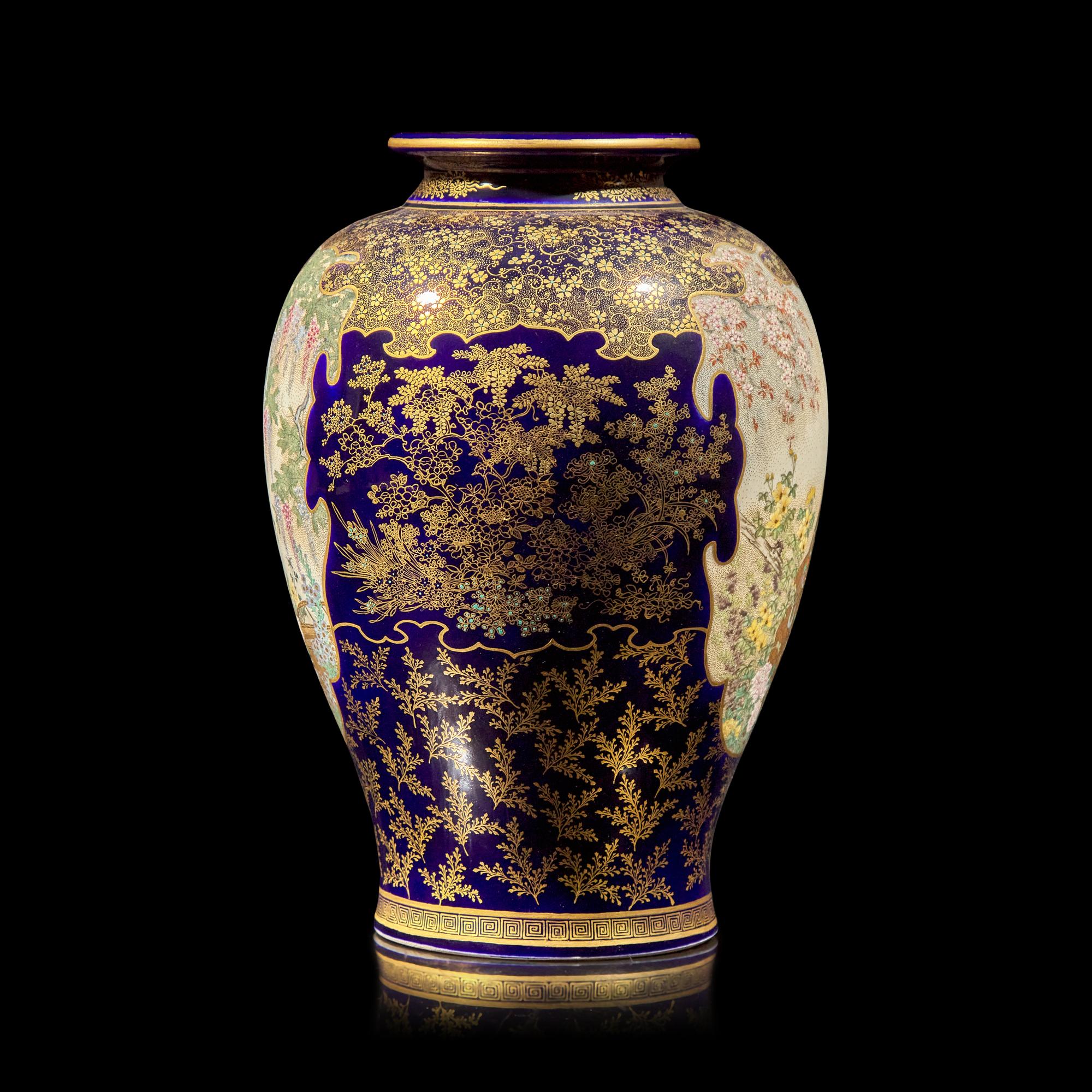 A Satsuma-Type Cobalt-Ground Vase, Kinkozan Studio, Meiji Period