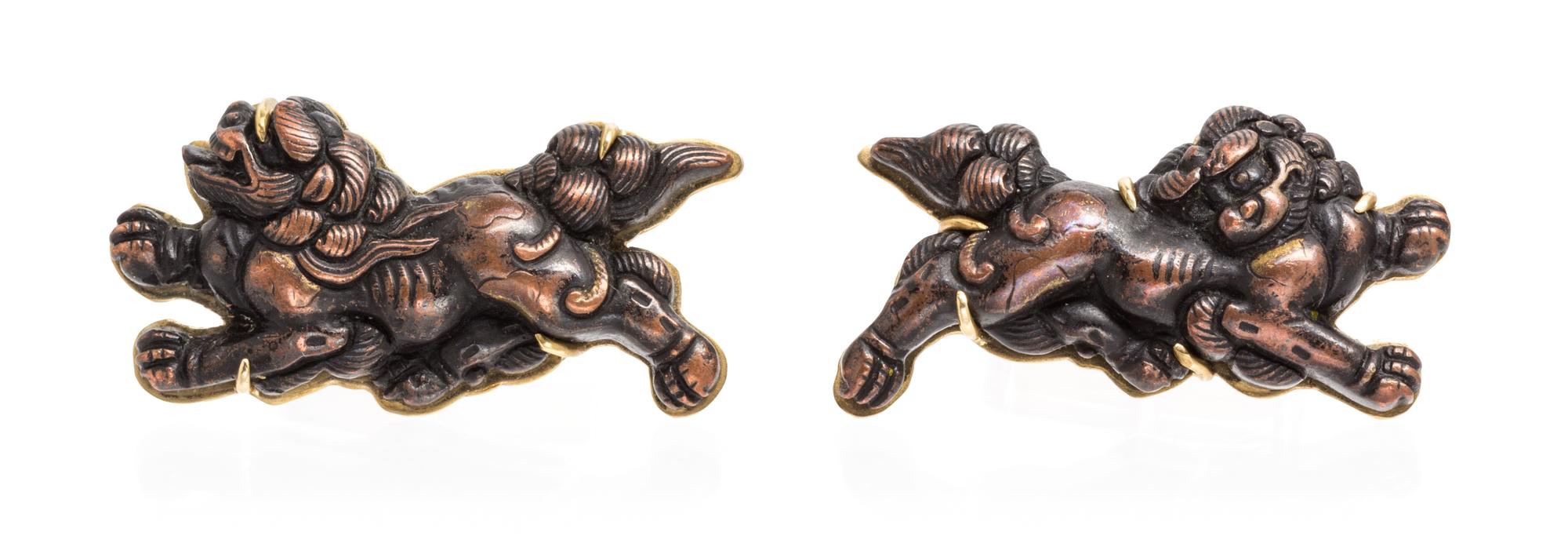 A Pair of 18 Karat Yellow Gold and Shakudo Cufflinks, Gump's, 15.80 dwts.