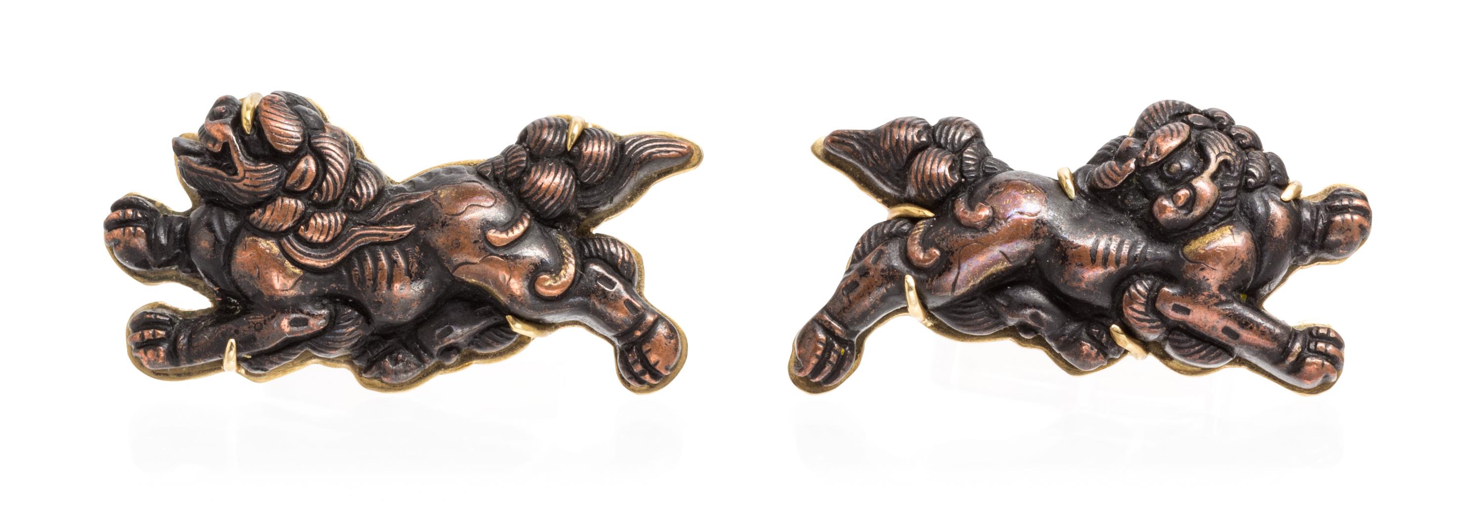 A Pair of 18 Karat Yellow Gold and Shakudo Cufflinks, Gump's, 15.80 dwts.