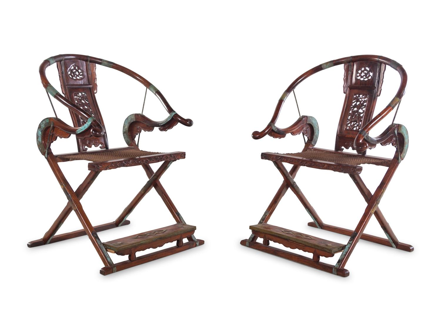 A Pair of Chinese Horseshoe-Back Armchairs and a Matching Folding Table