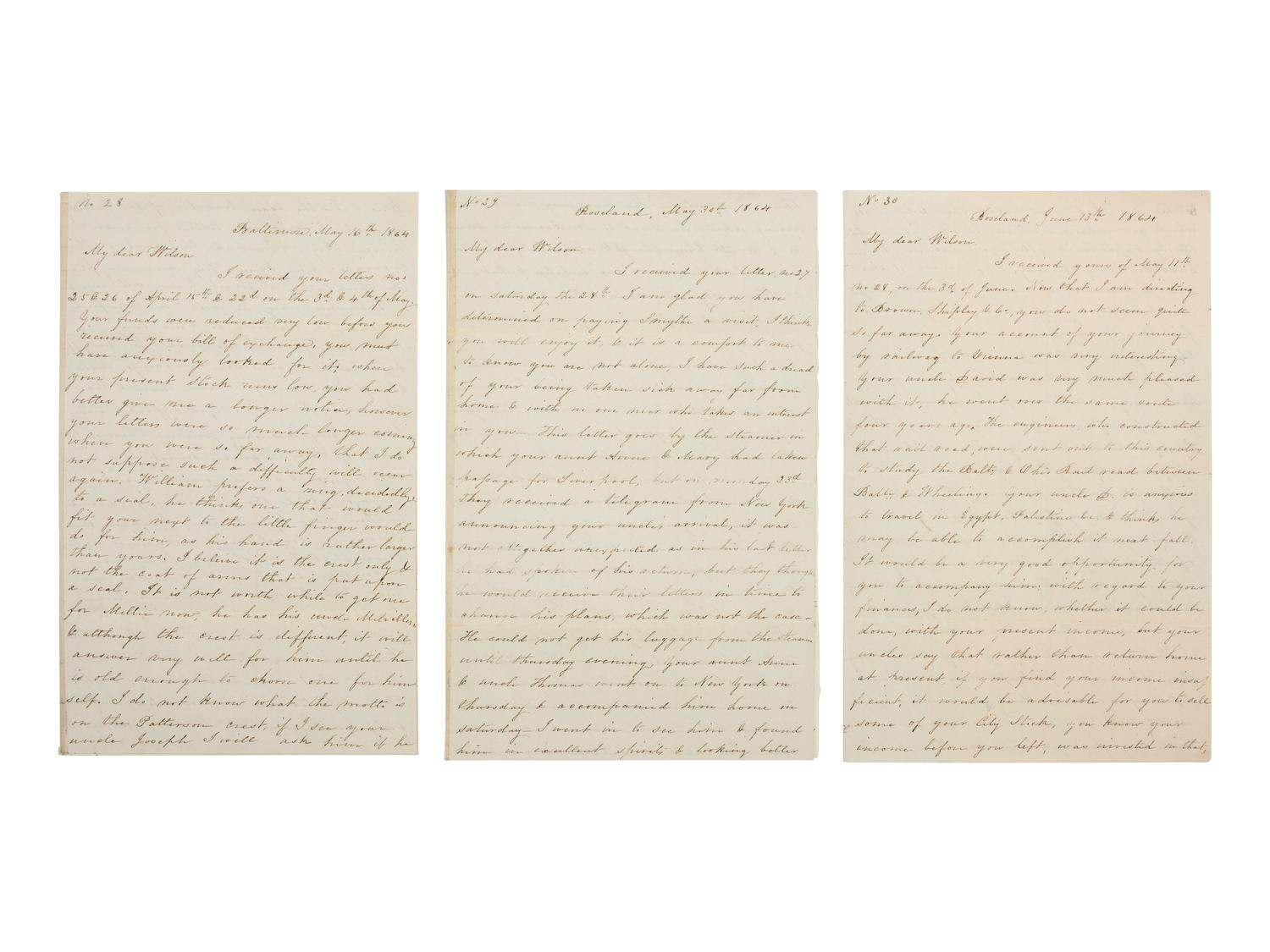 [CIVIL WAR]. Group of 6 letters from Confederate sympathizer Mary Wilson Patterson (1810-1884) of Baltimore, Maryland, describing the ongoing war to her son who was traveling through Europe.