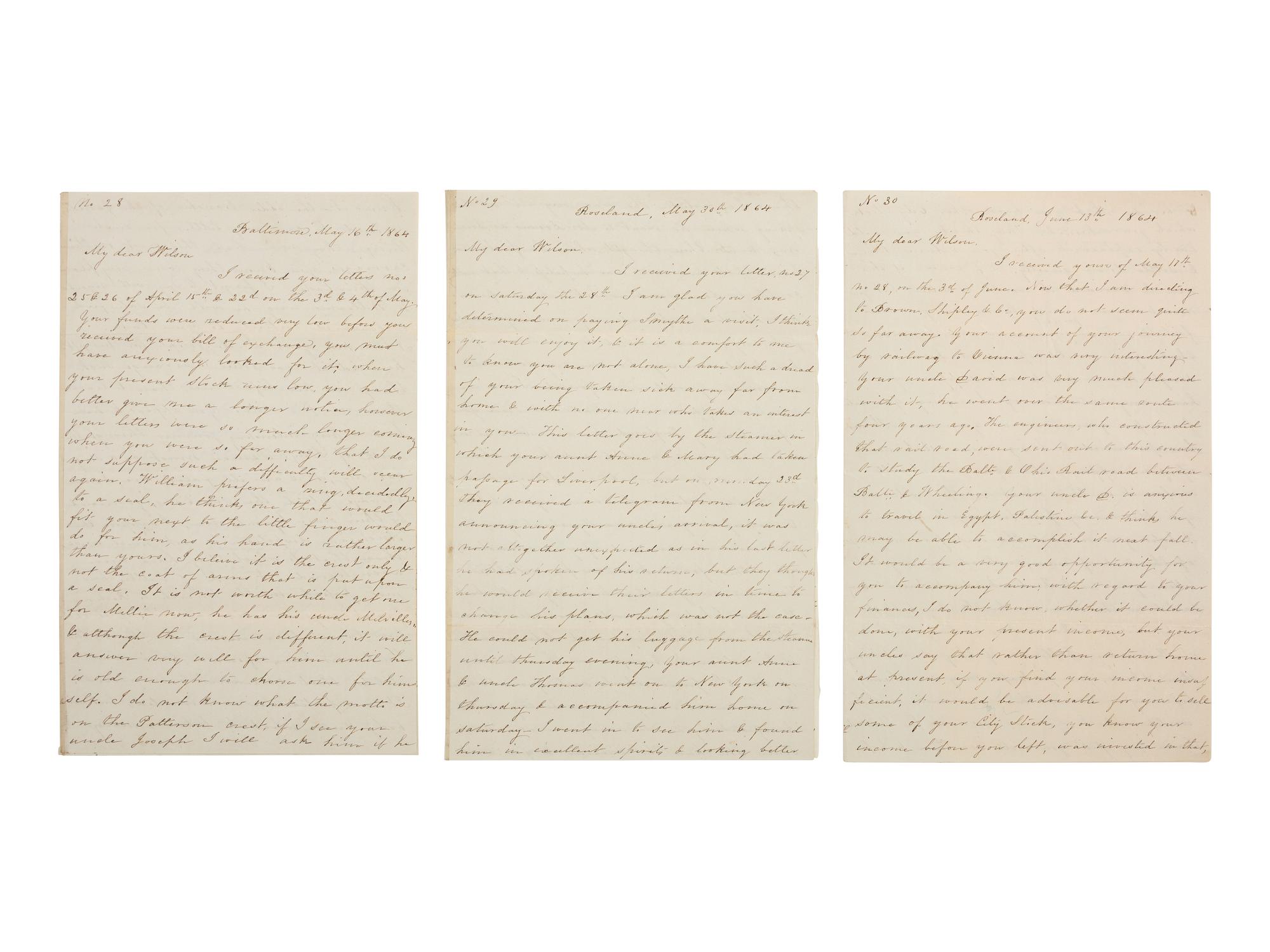 [CIVIL WAR]. Group of 6 letters from Confederate sympathizer Mary Wilson Patterson (1810-1884) of Baltimore, Maryland, describing the ongoing war to her son who was traveling through Europe.