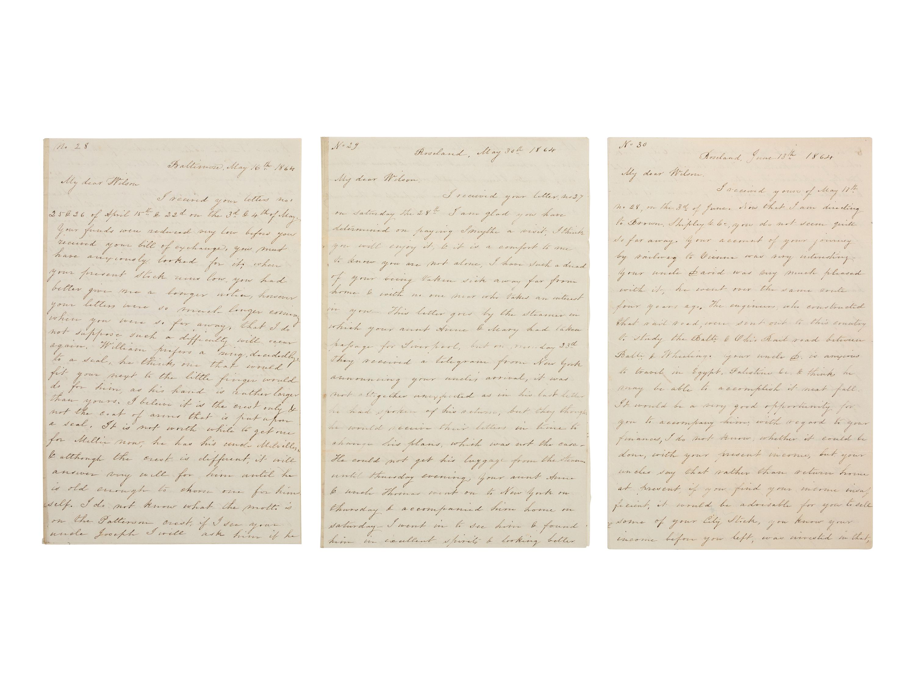 [CIVIL WAR]. Group of 6 letters from Confederate sympathizer Mary Wilson Patterson (1810-1884) of Baltimore, Maryland, describing the ongoing war to her son who was traveling through Europe.