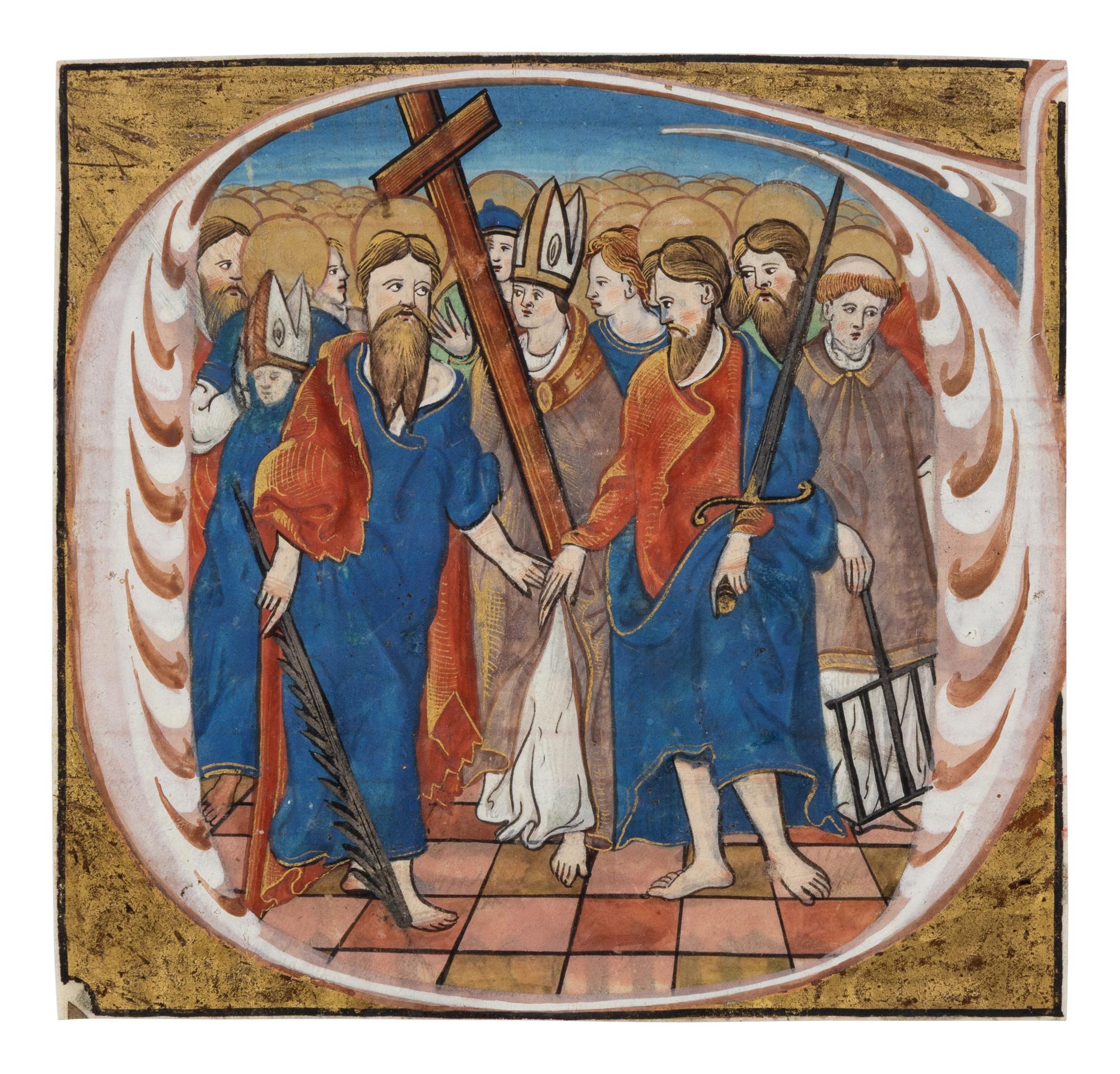 FOLLOWER OF JEAN PICHORE (fl. Paris, c. 1490-1521) Single cutting from a Gradual, with historiated initial ‘G’ of Saints Peter, Paul, and others, in Latin, illuminated manuscript on parchment [France, Paris, c. 1500–1520]