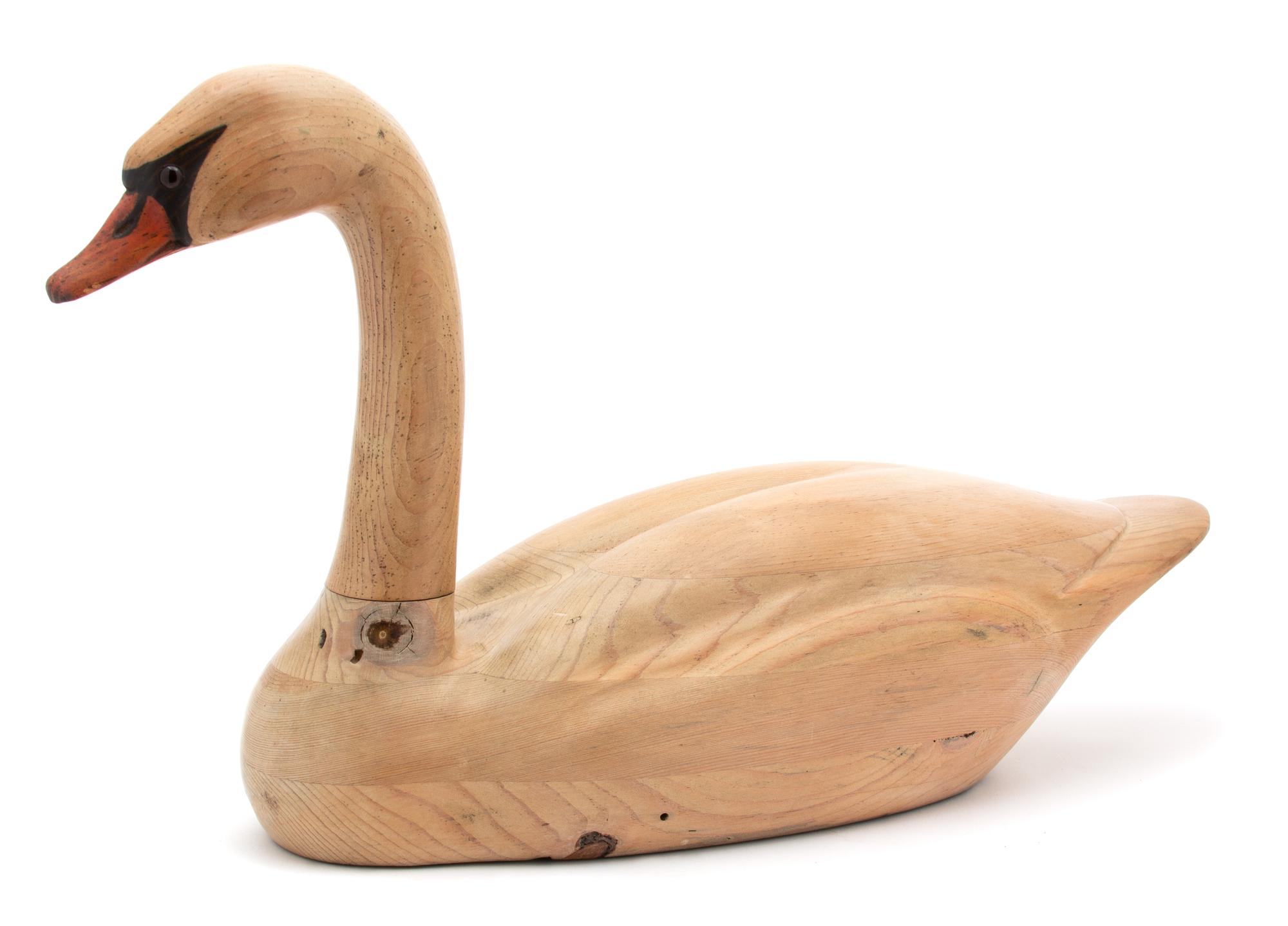A Signed Tom Taber Painted and Carved Wood Swan Height 14 x length 25 inches. — 20TH CENTURY