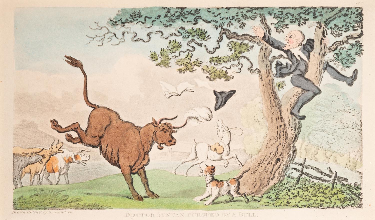 A group of six prints ( The Dance of Death; Dr. Syntax Pursued by a Bull; Dr. Syntax Sells Grizzle; Vision of Skulls; The Cellar Quartette; Setting Out from Edinburgh )