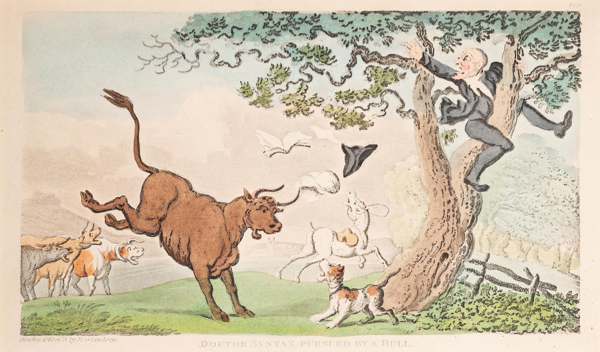 A group of six prints ( The Dance of Death; Dr. Syntax Pursued by a Bull; Dr. Syntax Sells Grizzle; Vision of Skulls; The Cellar Quartette; Setting Out from Edinburgh )