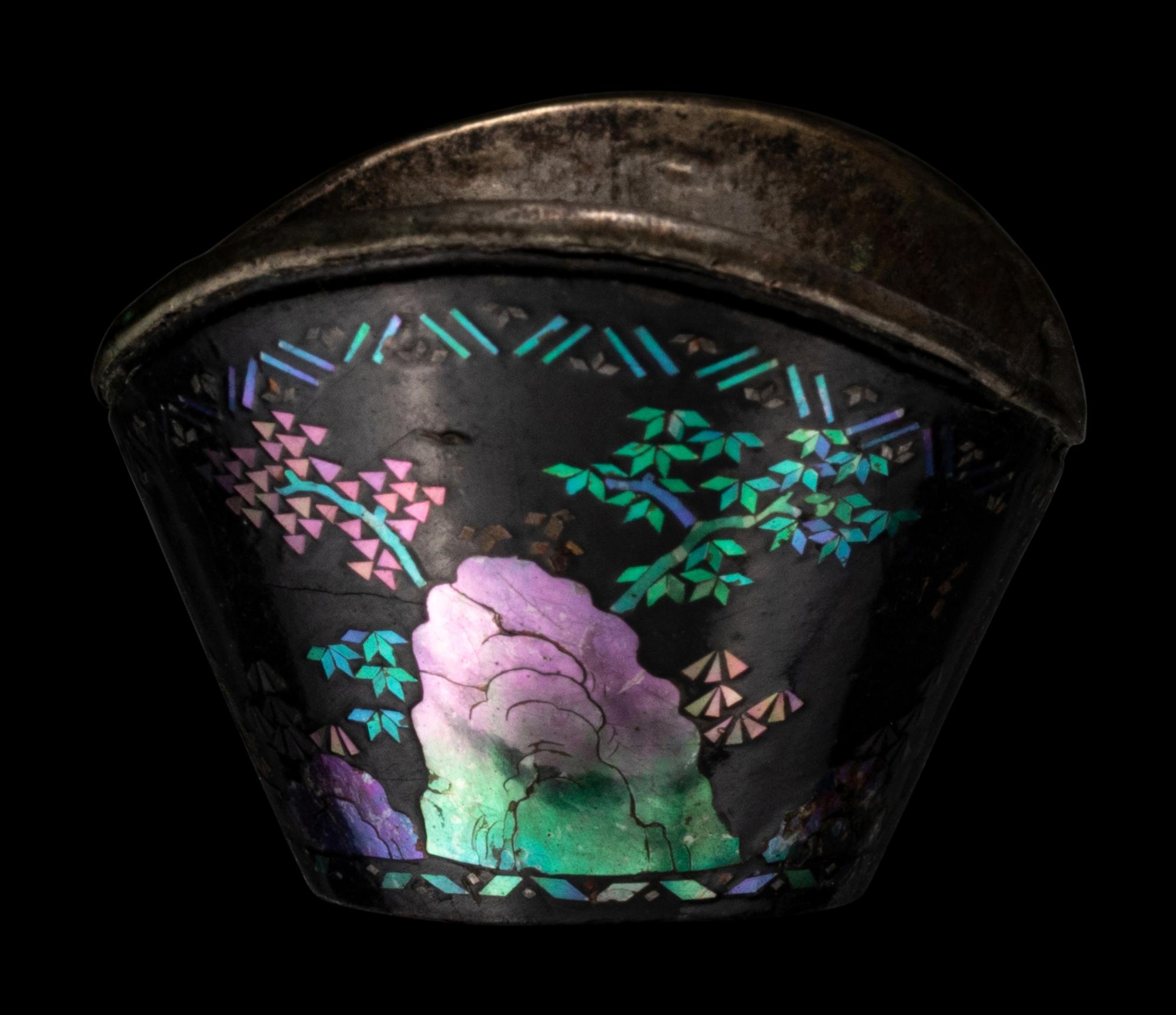 A Set of Six Mother-of-Pearl Inlaid Black Lacquer Ingot-Form Cups