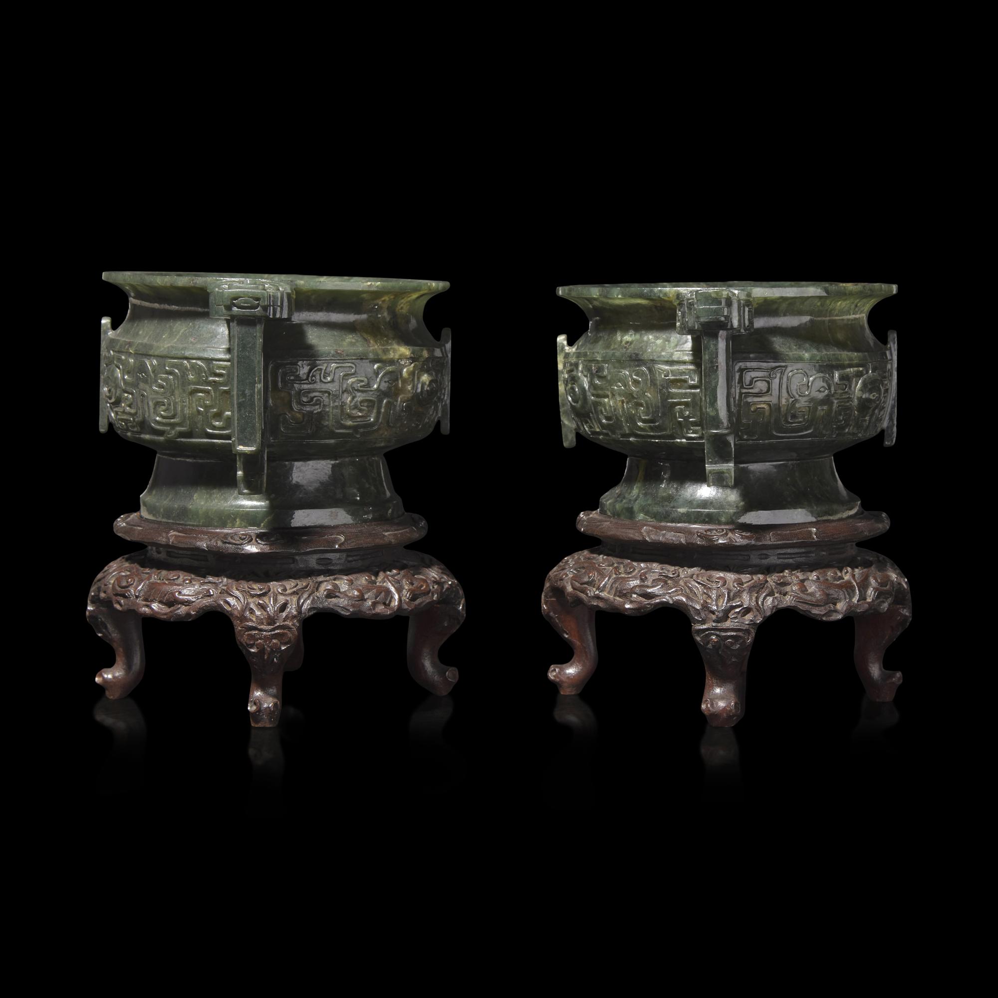 An Associated Pair of Chinese Spinach Green Jade Archaistic Censers, Gui 碧玉仿古紋簋一對