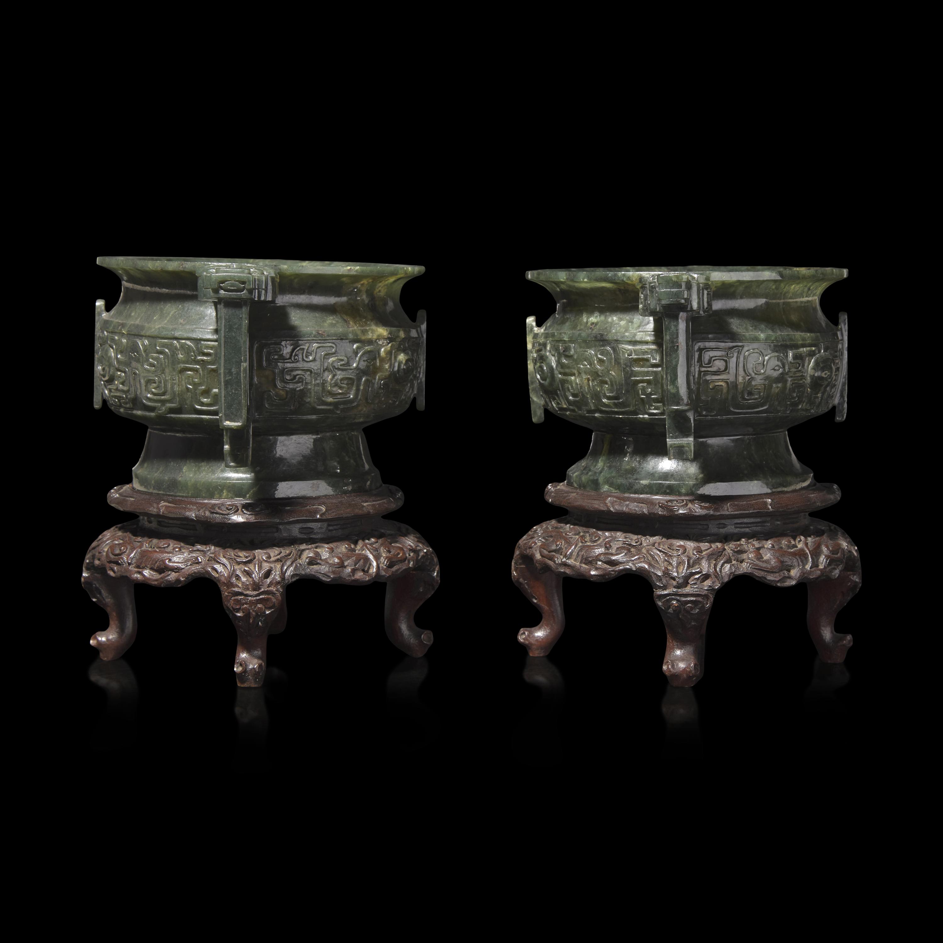 An Associated Pair of Chinese Spinach Green Jade Archaistic Censers, Gui 碧玉仿古紋簋一對