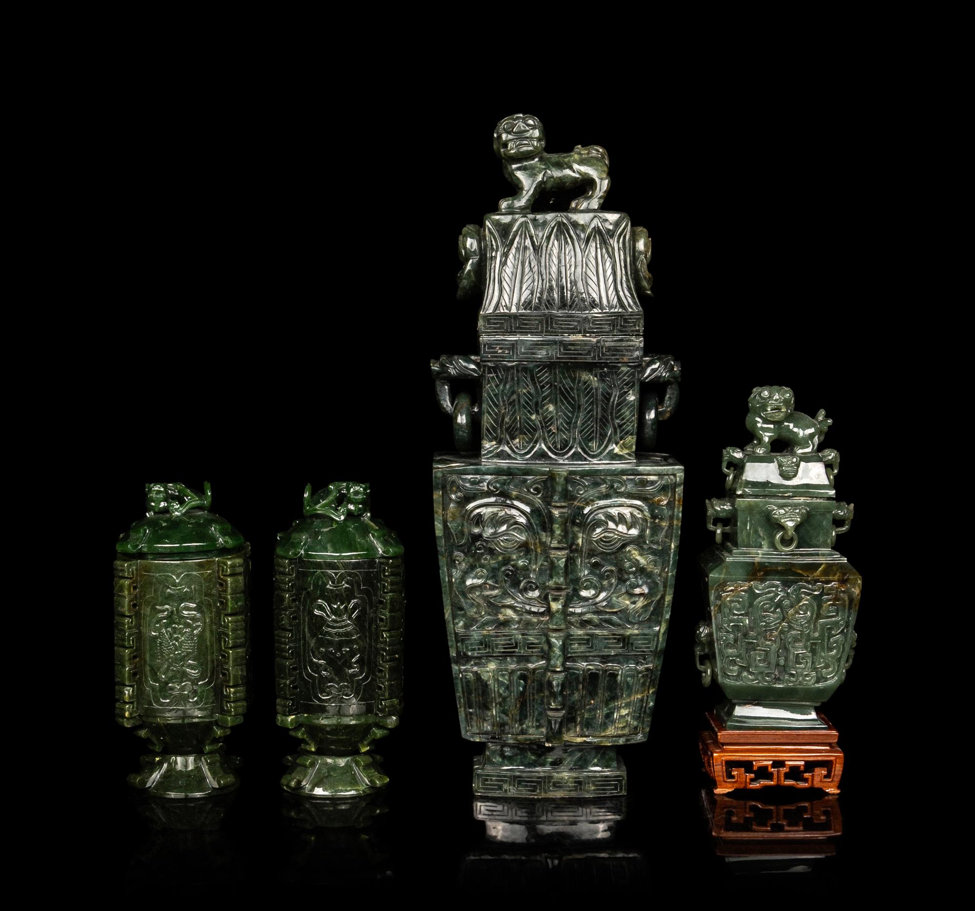 Four Chinese Jade Archaistic Style Vases and Covers