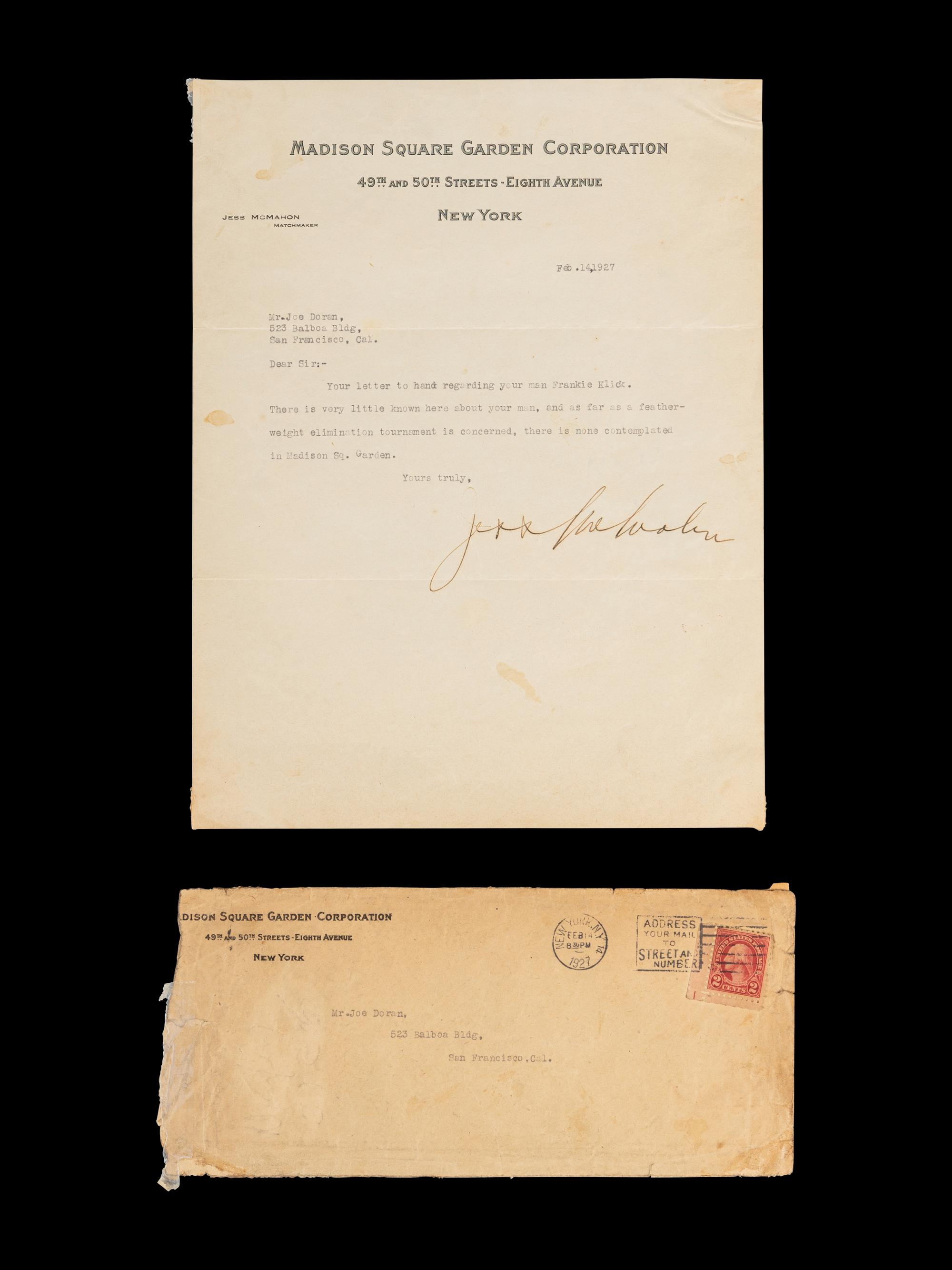 A Rare Jess McMahon Signed Autograph Letter on Madison Square Garden Stationery (WWE McMahon Family)