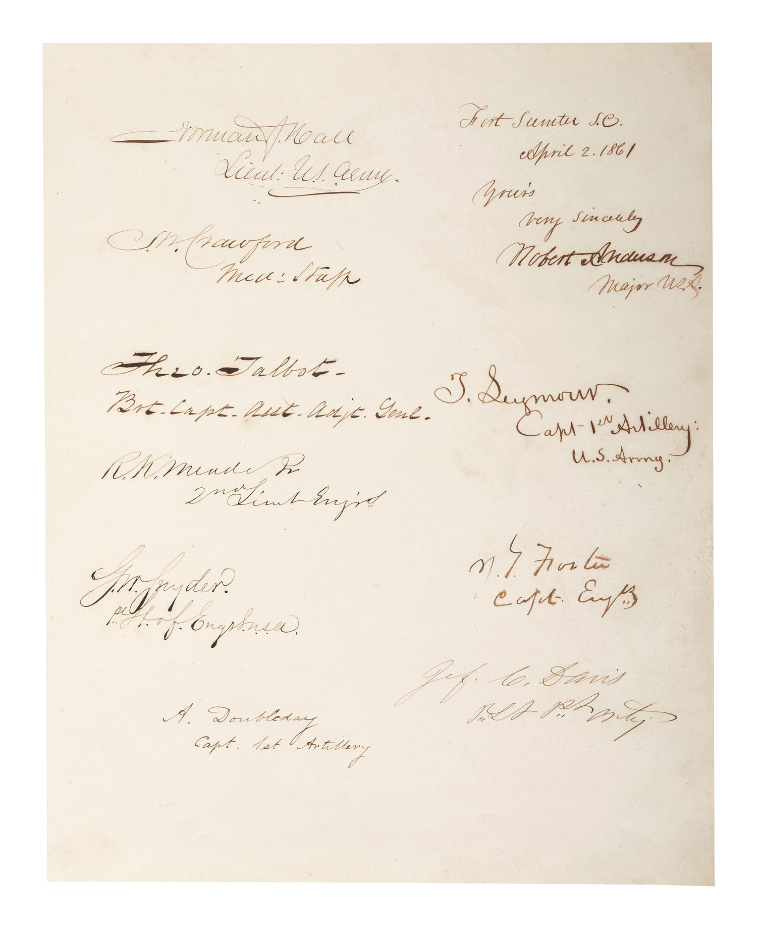 [CIVIL WAR -- FORT SUMTER]. Single sheet with signatures of Robert ANDERSON and his nine officers immediately before the First Battle of Fort Sumter. Fort Sumter, SC, 2 April 1861.