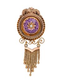 A Victorian Yellow Gold, Amethyst and Seed Pearl Brooch,