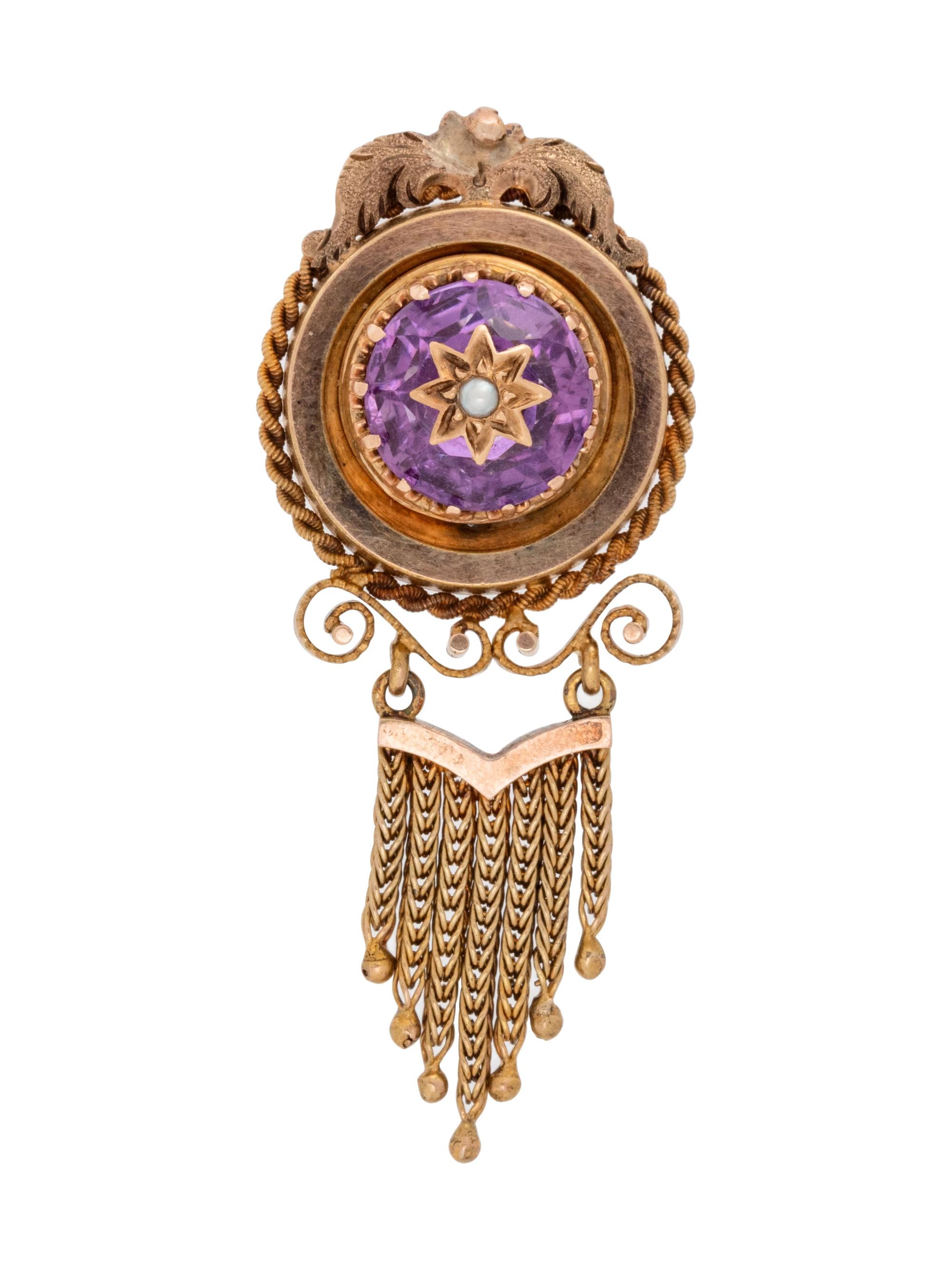 A Victorian Yellow Gold, Amethyst and Seed Pearl Brooch,