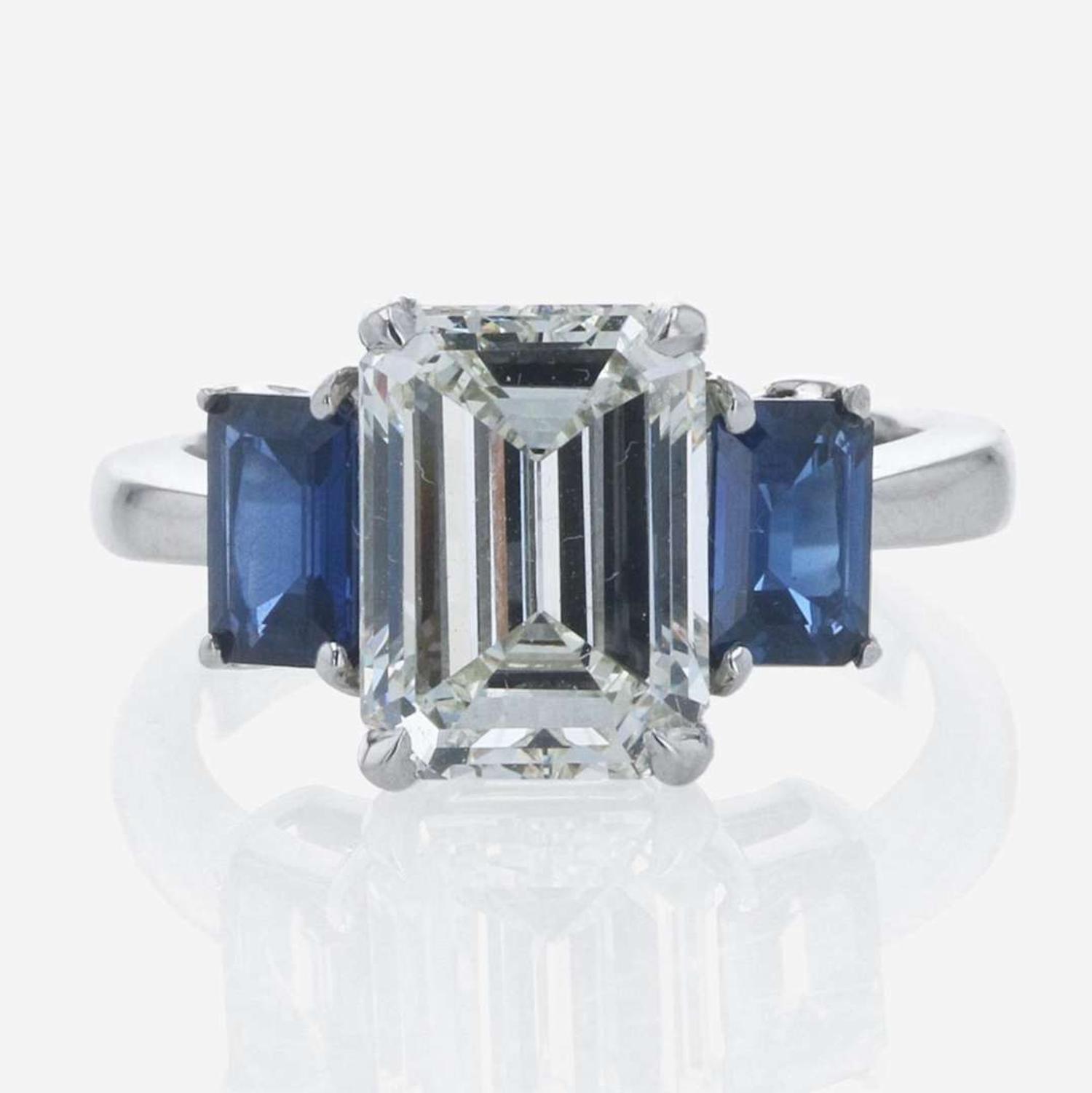 A Platinum, Sapphire, and Diamond Ladies Ring 3.58 Carat Emerald-Cut Diamond, GIA Certified