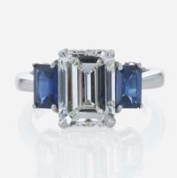 A Platinum, Sapphire, and Diamond Ladies Ring 3.58 Carat Emerald-Cut Diamond, GIA Certified