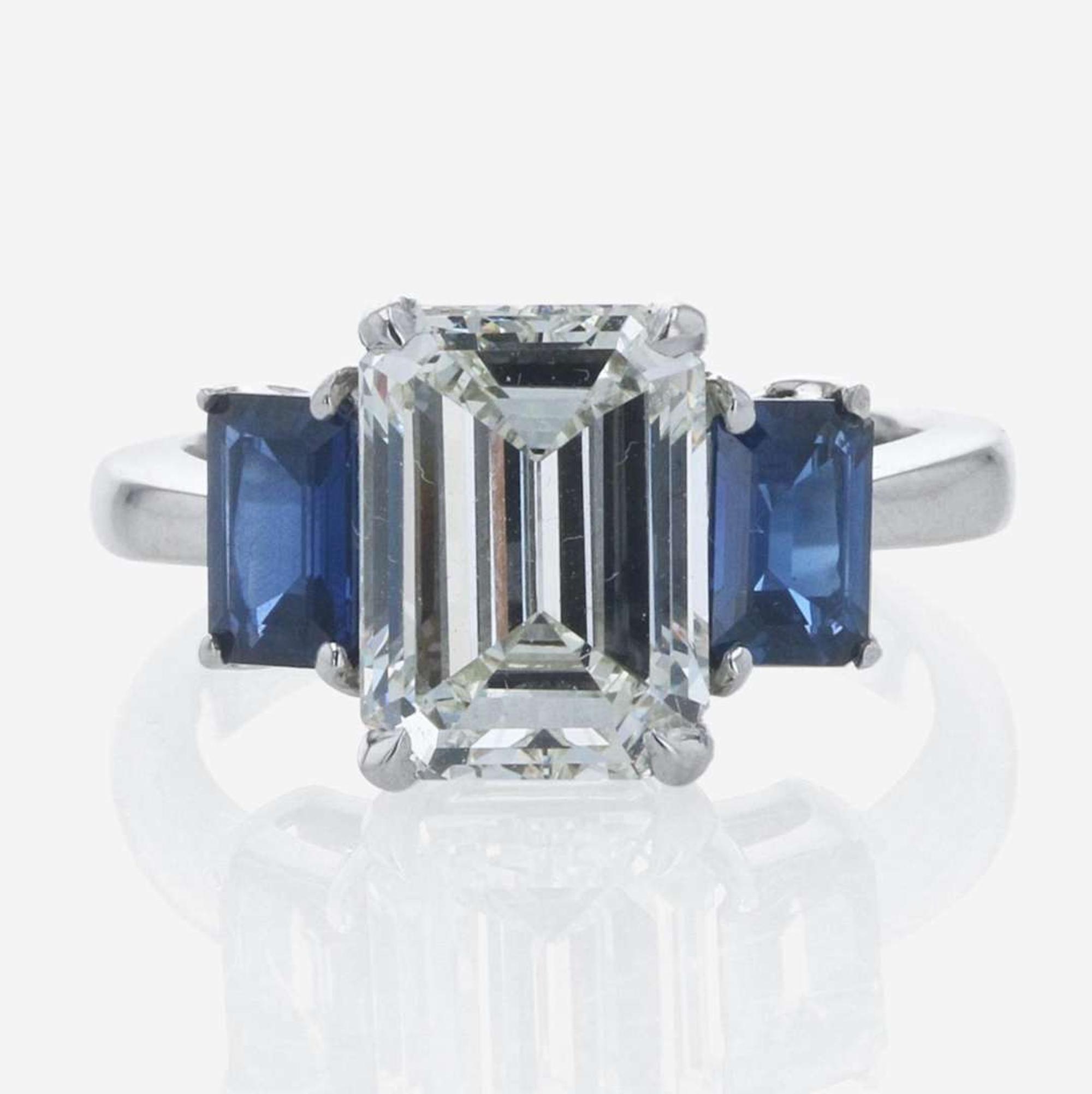 A Platinum, Sapphire, and Diamond Ladies Ring 3.58 Carat Emerald-Cut Diamond, GIA Certified