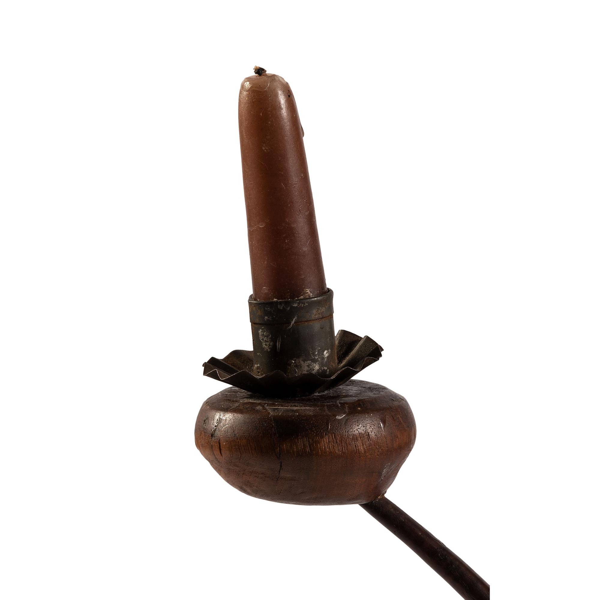 A Primitive Tin Mounted Bentwood and Pine One-Light Candlestand