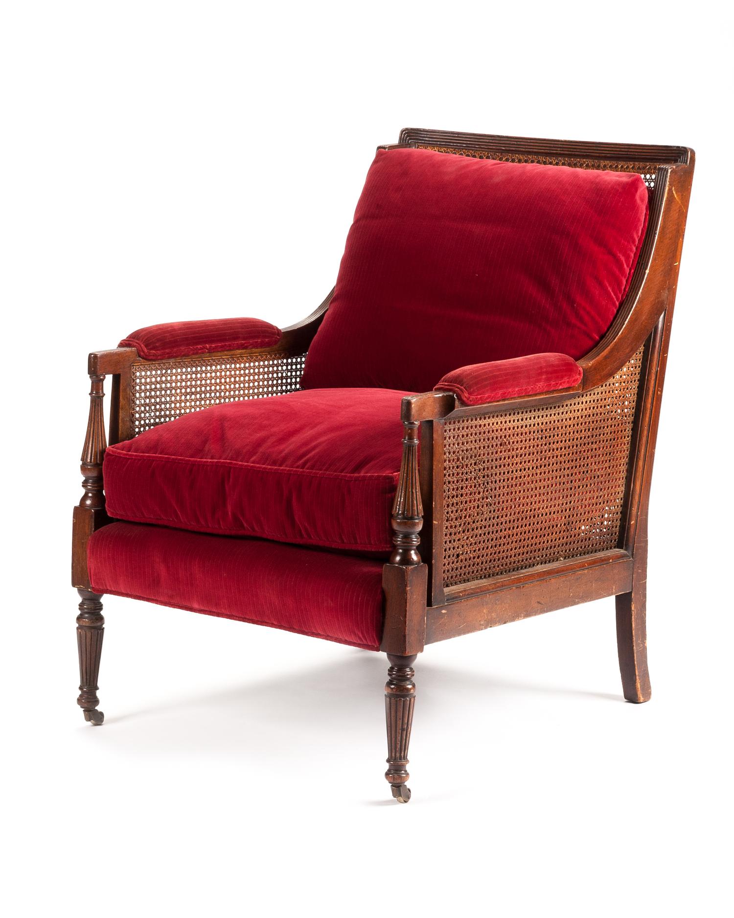 A Regency Style Mahogany Armchair Height 36 x width 28 1/2 x depth 34 inches.