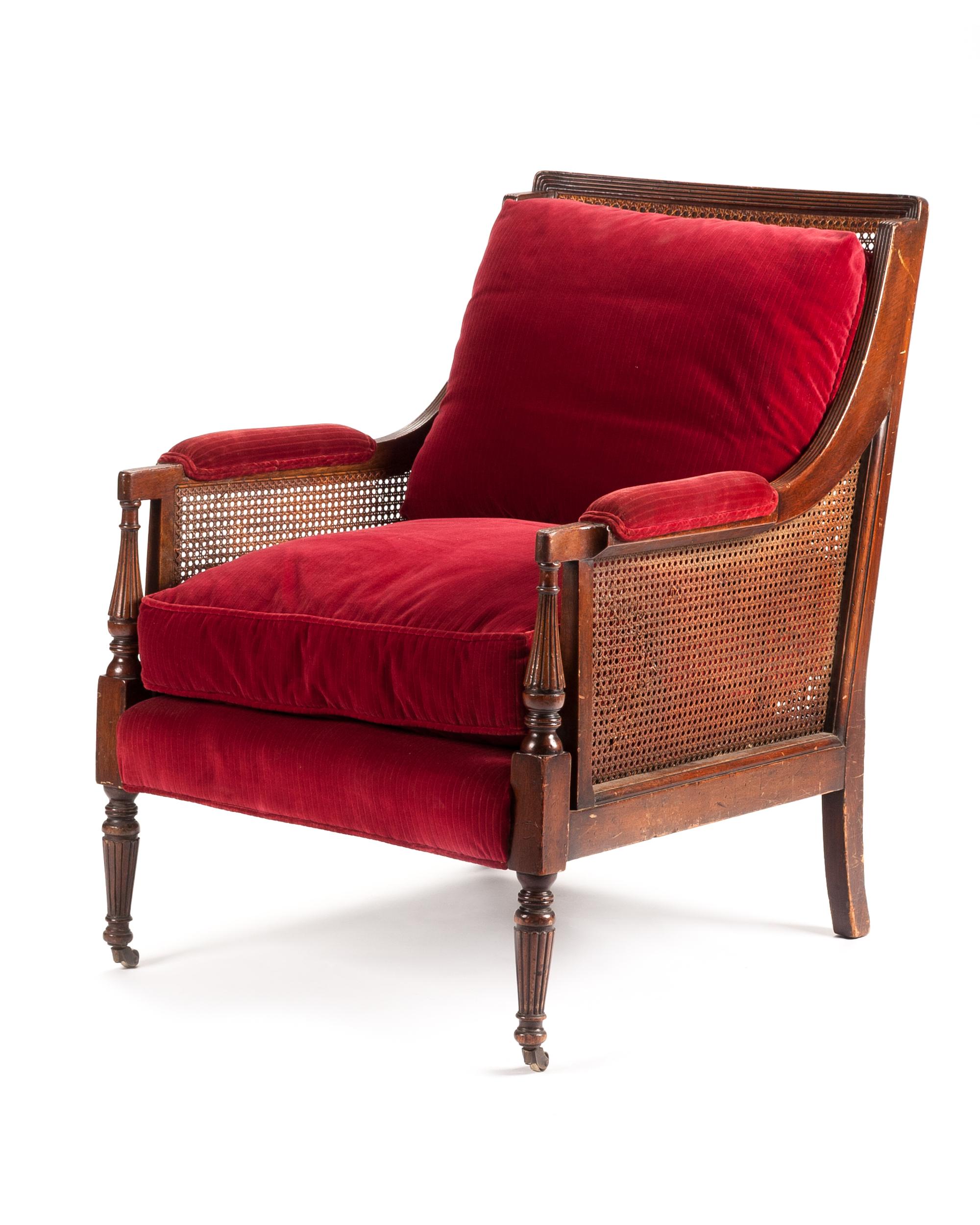A Regency Style Mahogany Armchair Height 36 x width 28 1/2 x depth 34 inches.
