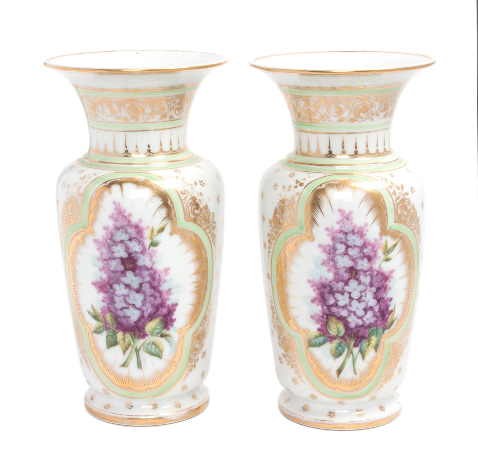 A Pair of Continental Porcelain Baluster Vases Height 10 inches x diameter 5 inches.