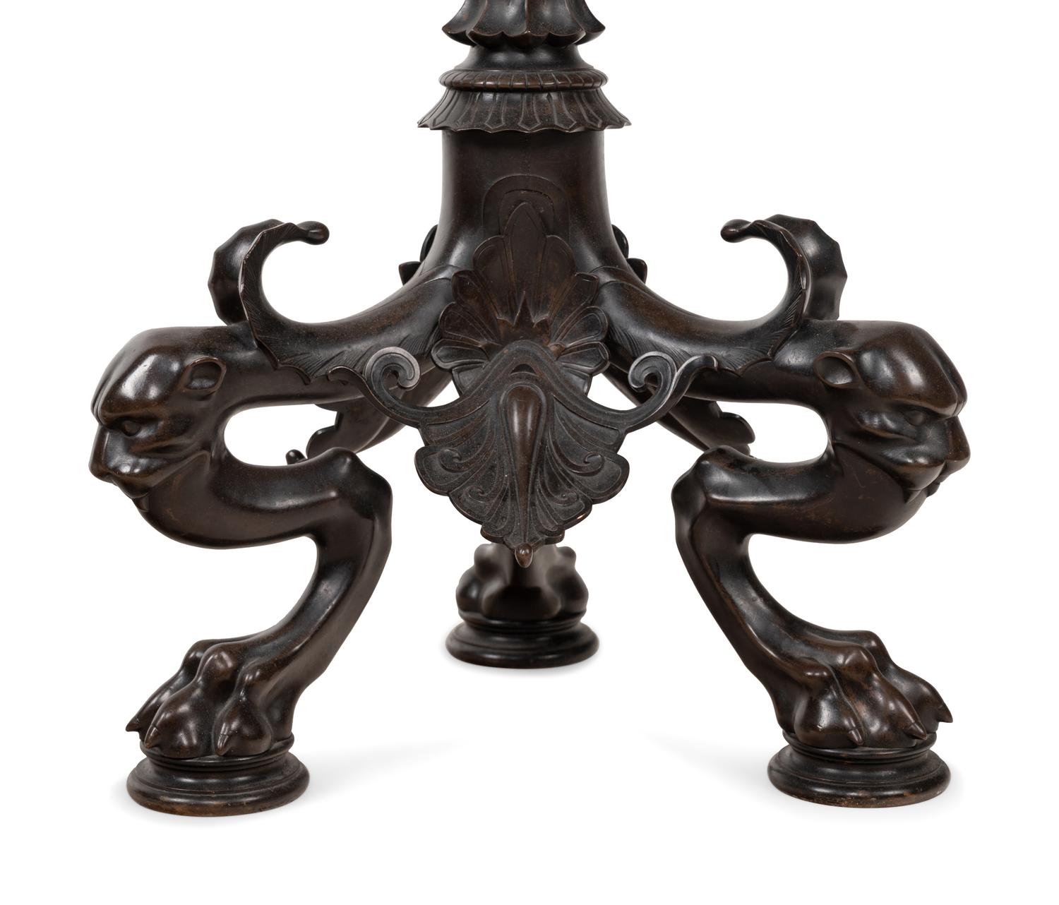 A Pair of French Neoclassical Patinated Bronze Torchères with Custom Silk Shades