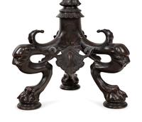 A Pair of French Neoclassical Patinated Bronze Torchères with Custom Silk Shades