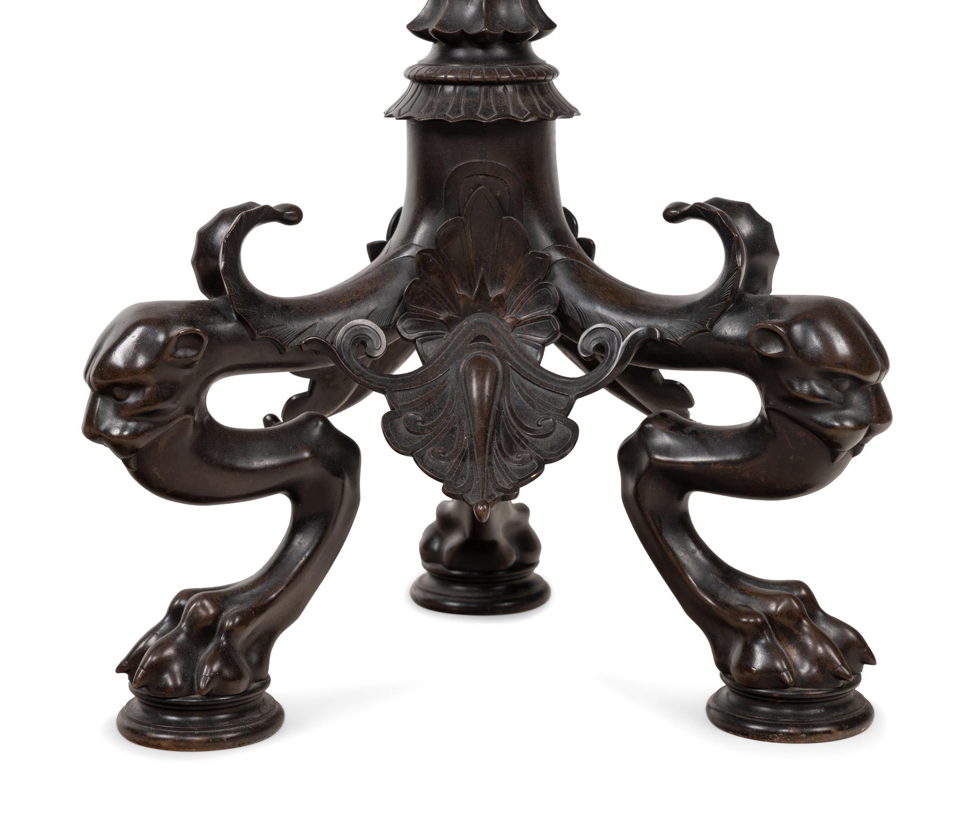 A Pair of French Neoclassical Patinated Bronze Torchères with Custom Silk Shades