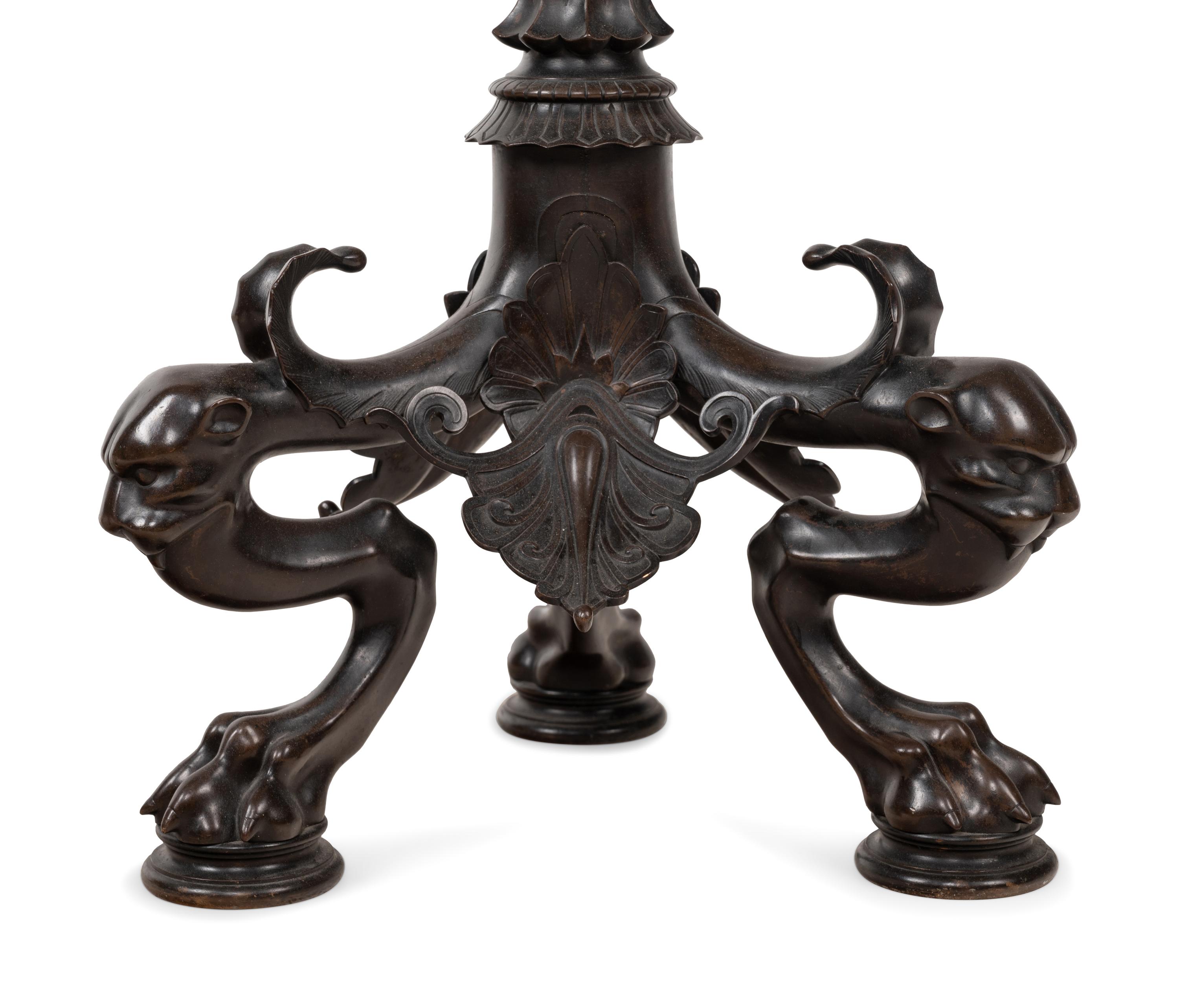 A Pair of French Neoclassical Patinated Bronze Torchères with Custom Silk Shades