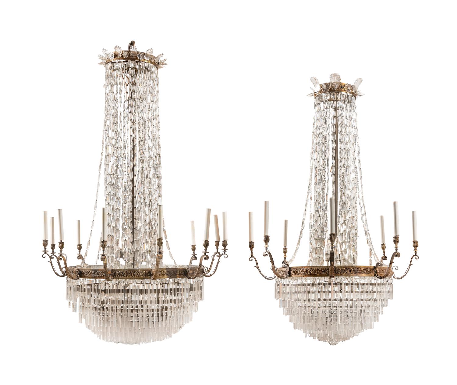 Two Large Gilt Metal and Cut Glass Chandeliers from the Embassy of Italy, Washington, D.C.
