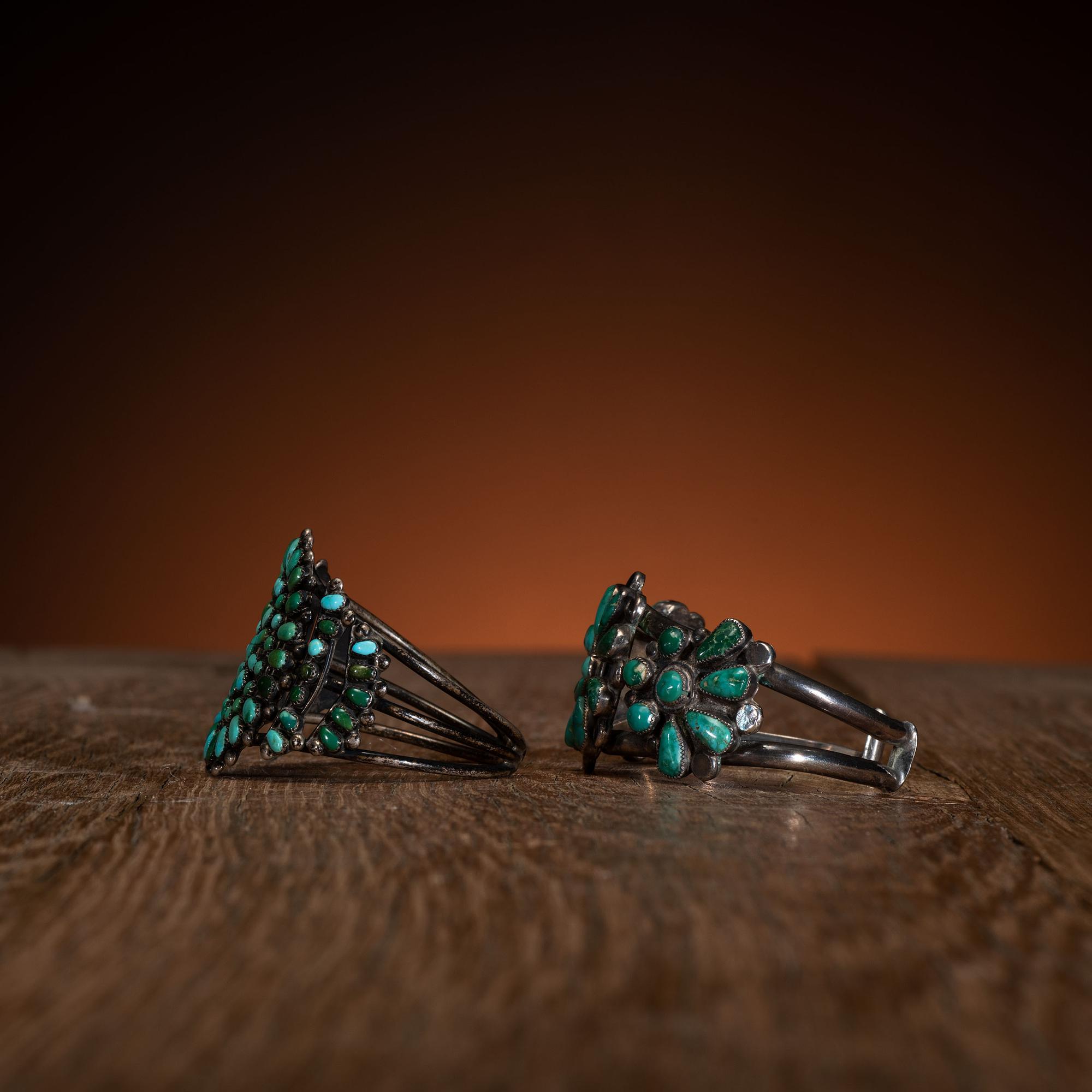 Pair of Zuni Silver and Petit Point Turquoise Cluster Cuff Bracelets