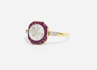 An Art Deco Ladies 14K Yellow Gold, Diamond, and Ruby Ring